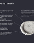 Eine hellgraue Peeling Textur mit dunklen Partikeln wird gezeigt während Text Vulkanischer Sand und Kaolin Glycerin und Sonnenblumenöl Milchsäure Zitronensäure sowie Beerenextrakte als verfeinernde feuchtigkeitsspendende peelende und antioxidativ wirkende Inhaltsstoffe des Bergamond and Birch Aurora Veil AHA Gesichtspeelings beschreibt.