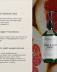 Neben einer Nahaufnahme von Grapefruitstücken steht die Bergamond and Birch Hand and Body Wash Grapefruit Flasche und Text beschreibt frisch belebte Haut einen spritzigen Frischekick durch Zitrusnoten sowie weich statt ausgetrocknet wirkende Haut dank Glycerin Betain und Heidelbeerextrakt.