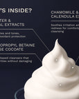 Close-up foam texture with key ingredients of Bergamond & Birch Clarité No. 18 Foaming Facial Wash, featuring rose water, chamomile, calendula, botanical extracts, and gentle plant-based surfactants.