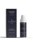 Men’s brightening serum with vitamin C – CLARITÉ No. 19 by Bergamond & Birch, a premium glow-enhancing formula for all skin types, shown in a white pump bottle with elegant navy packaging, 30 ml.