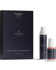 L’Essence No. 370 by Bergamond & Birch – a premium anti-aging skincare gift set for men, featuring Hydraté No. 23 day cream, BoosterLab No. 1337 peptide serum, and Optaré No. 31 eye cream. The products stand beside a sleek navy gift box, presented on a white background.