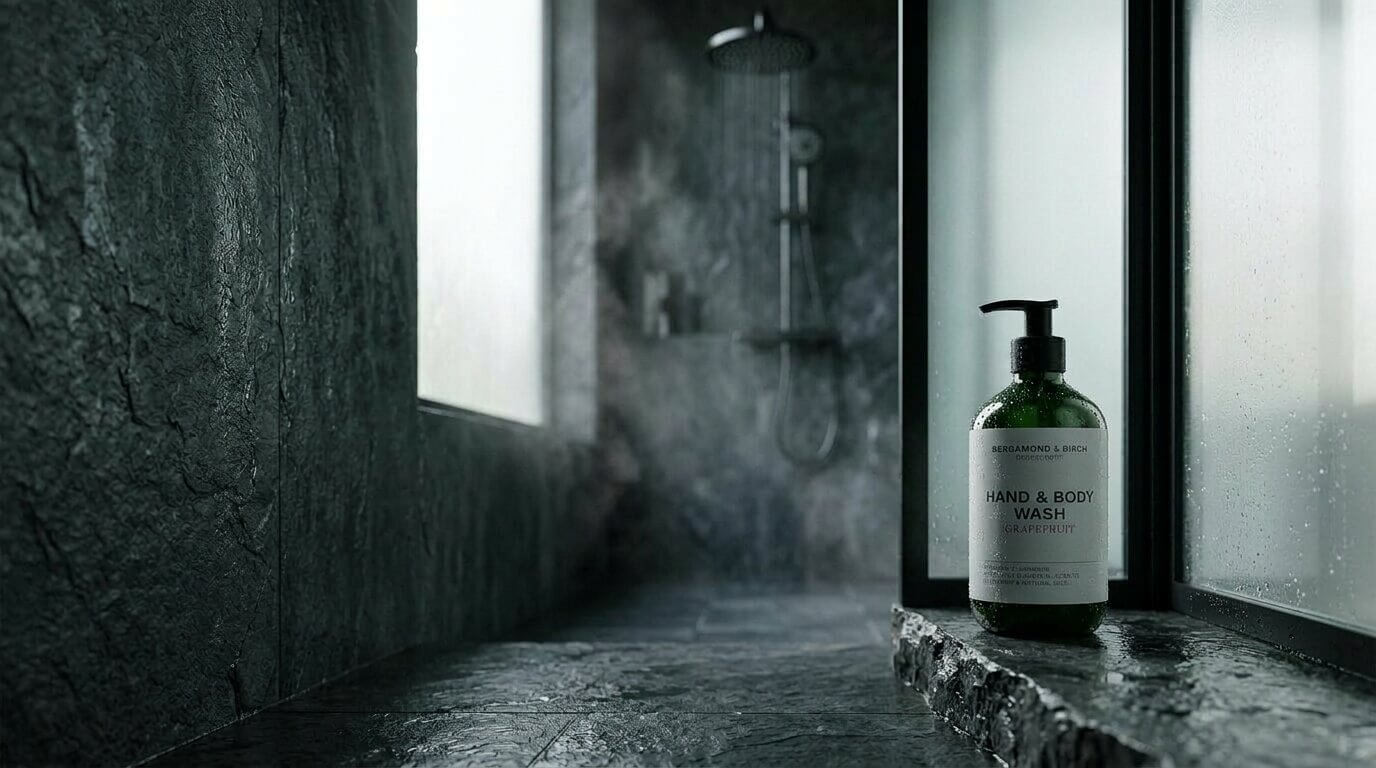 hand and body wash in a steamy bathroom