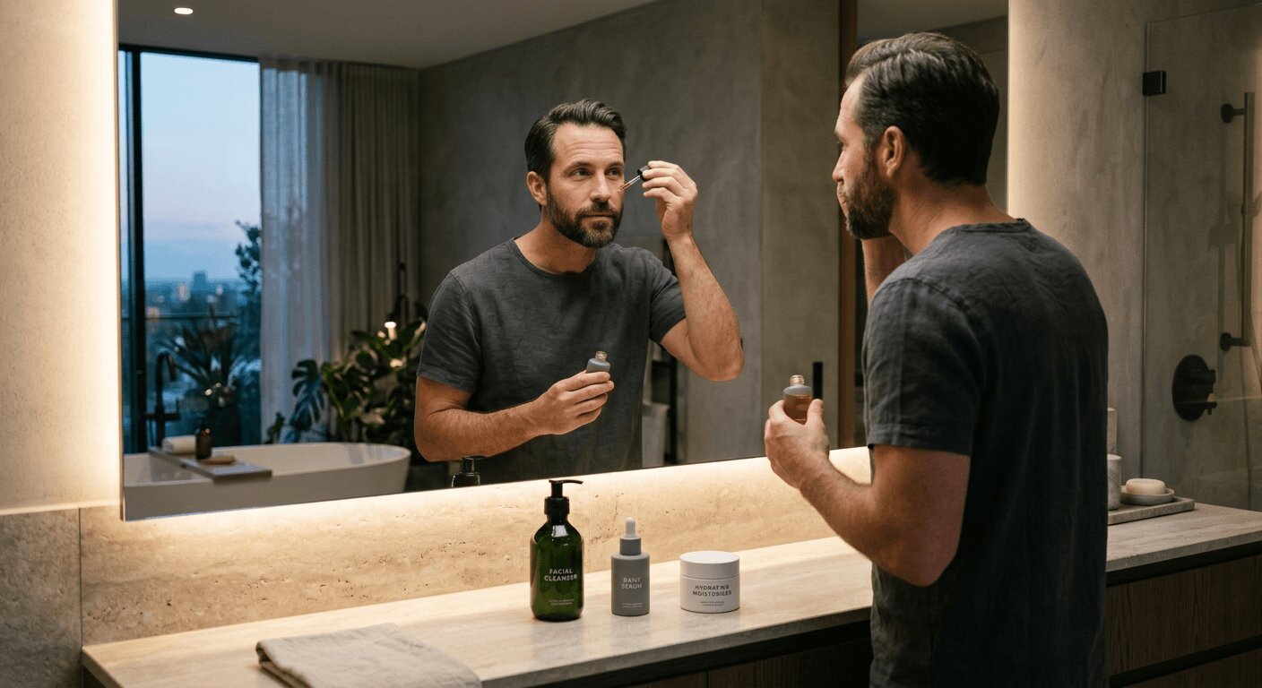 ein mann schaut in den spiegel und trägt ein serum auf