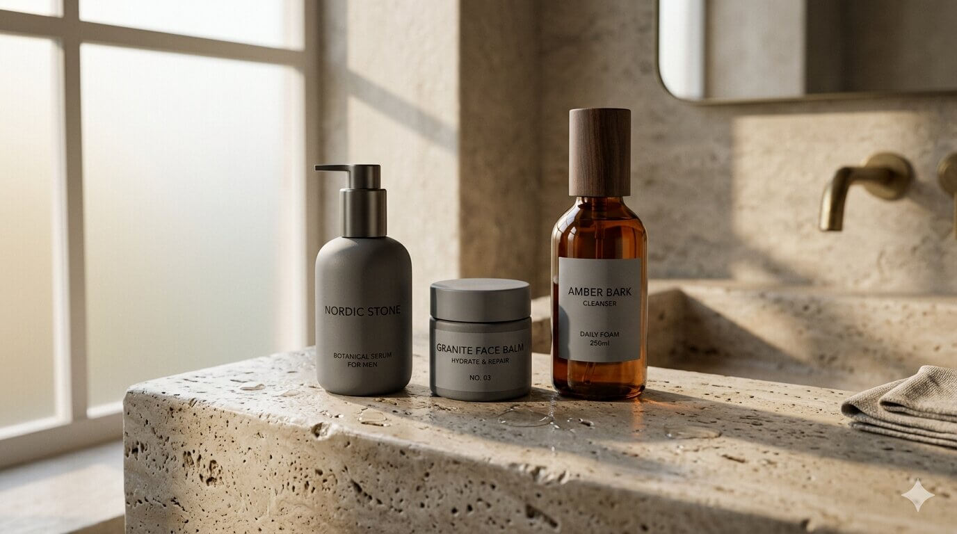 Badezimmer mit Steinoptik und drei Bergamond & Birch Produkten