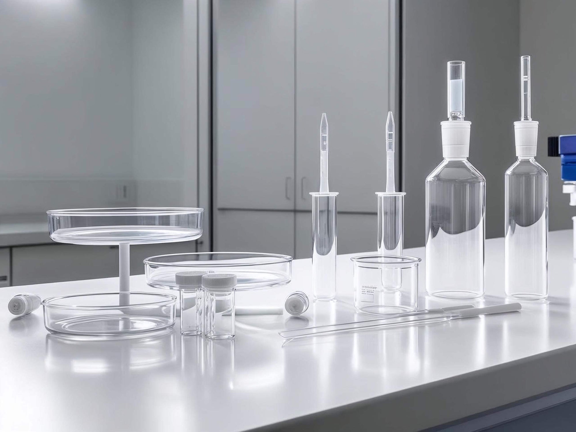 Sterile lab equipment and Petri dishes on white surface – microbiological testing in clean beauty production.
