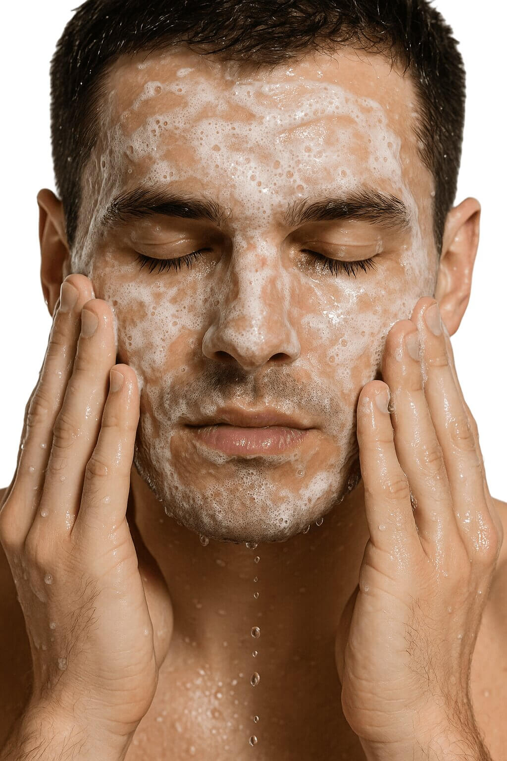 Mann reinigt sein Gesicht mit schäumendem Cleanser – Premium Männerpflege von Bergamond & Birch aus Düsseldorf