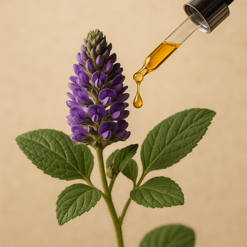 Close-up of Babchi flower with serum dropper – a natural skincare ingredient used in Bergamond & Birch formulations for anti-aging and cell renewal.