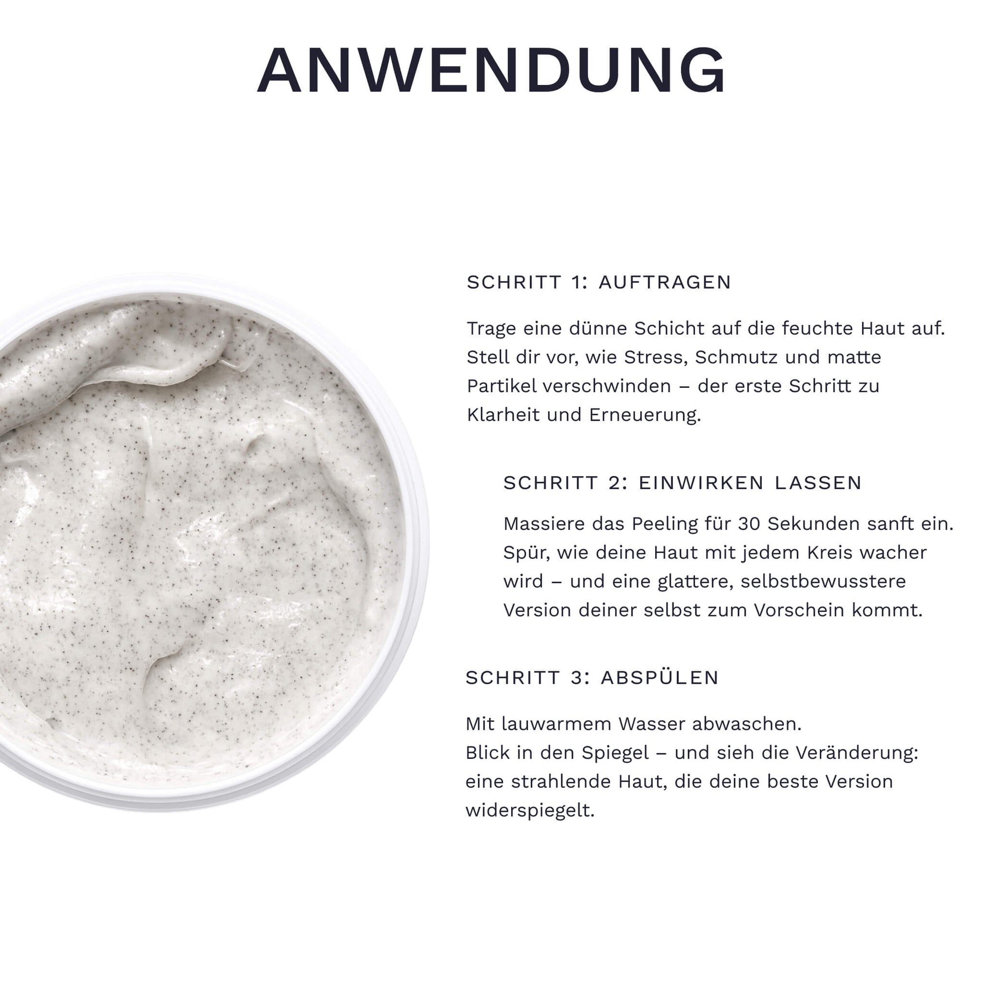 Eine Grafik erklärt in drei Schritten wie das Bergamond and Birch Aurora Veil AHA Gesichtspeeling auf die feuchte Haut aufgetragen kurz einmassiert und anschließend mit lauwarmem Wasser abgespült wird.