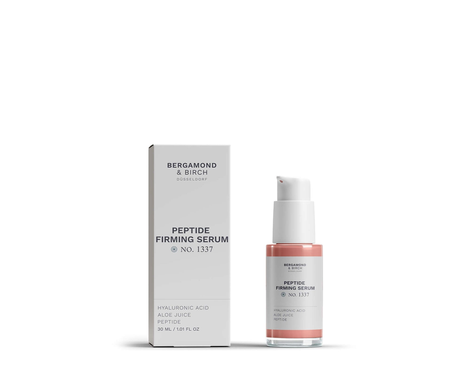 Packshot des Bergamond & Birch Peptide Firming Serum No. 1337 mit Umverpackung auf weißem Hintergrund – Premium Anti‑Age Peptidserum