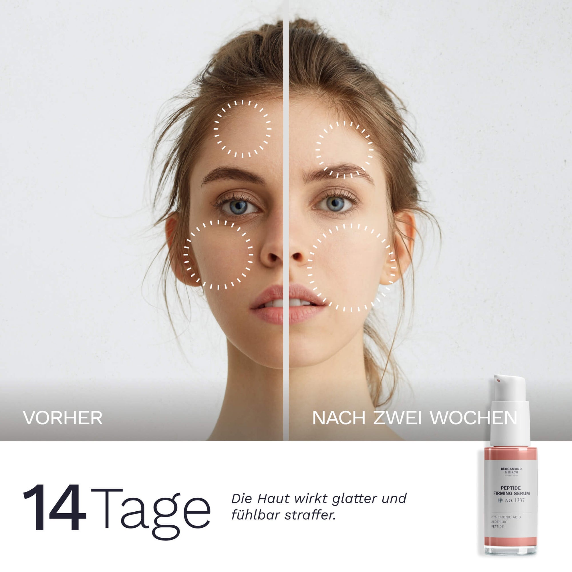 Vorher nachher Vergleich der Gesichtshaut über 14 Tage mit BoosterLab No 1337 Peptide Firming Serum von Bergamond & Birch die Haut wirkt glatter und fühlbar straffer