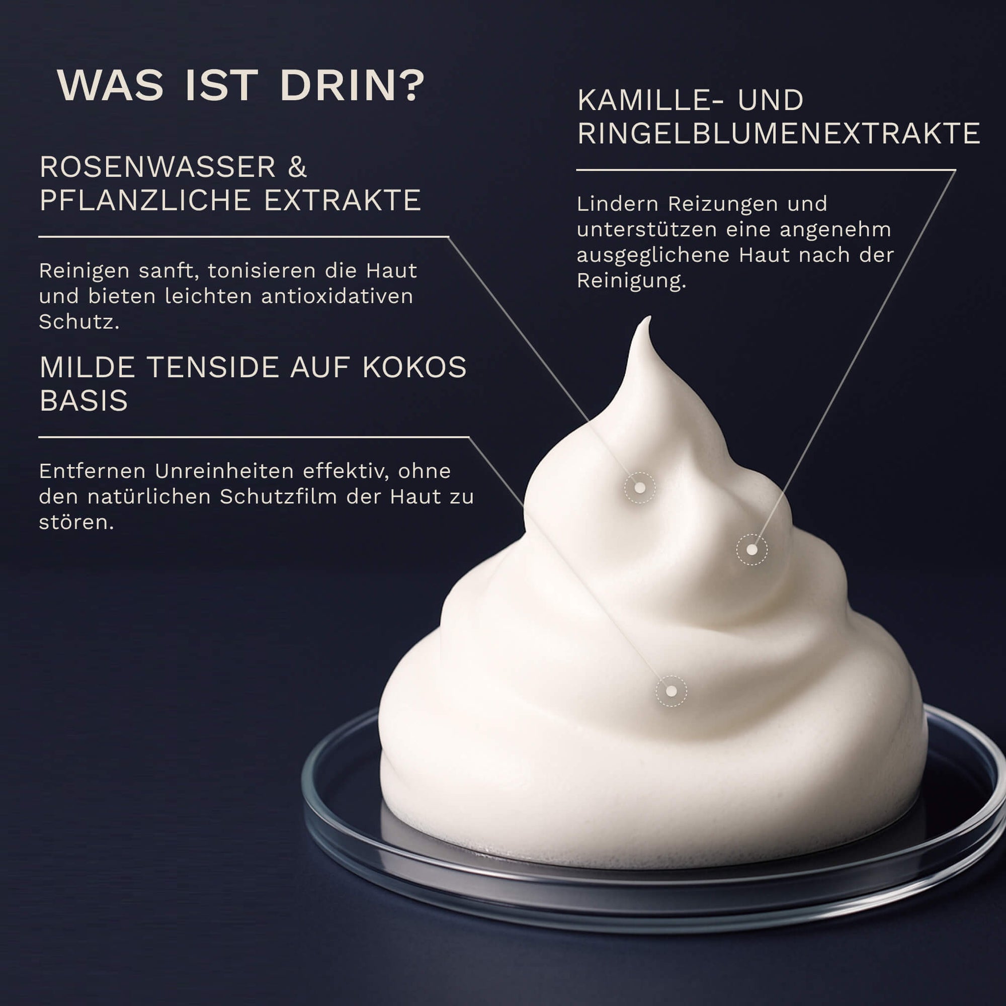 Wirkstoffgrafik zu Bergamond &amp; Birch CLARITÉ No. 18 mit Rosenwasser und pflanzlichen Extrakten, milden Tensiden auf Kokosbasis sowie Kamillen‑ und Ringelblumenextrakten.