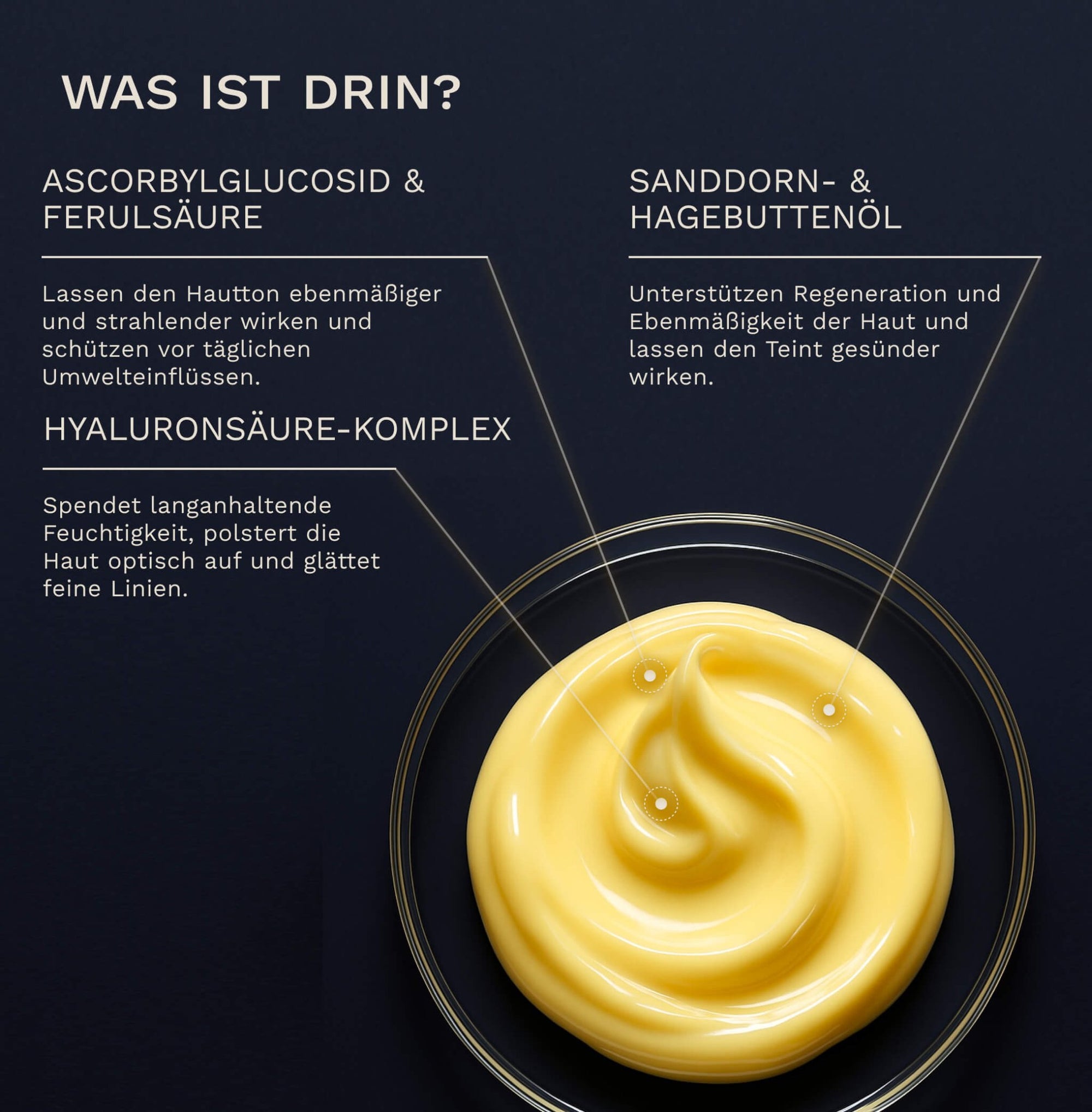 Das Bild zeigt die Textur des Bergamond and Birch Vitamin C Glow Serum No 19 in einer Glasschale mit Beschriftung zu Ascorbylglucosid Ferulsaeure Hyaluronsaeure Komplex sowie Sanddorn und Hagebuttenoel.