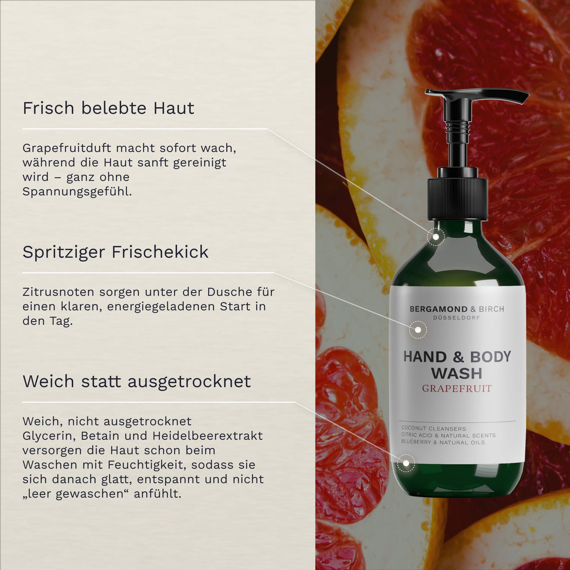 Neben einer Nahaufnahme von Grapefruitstücken steht die Bergamond and Birch Hand and Body Wash Grapefruit Flasche und Text beschreibt frisch belebte Haut einen spritzigen Frischekick durch Zitrusnoten sowie weich statt ausgetrocknet wirkende Haut dank Glycerin Betain und Heidelbeerextrakt.