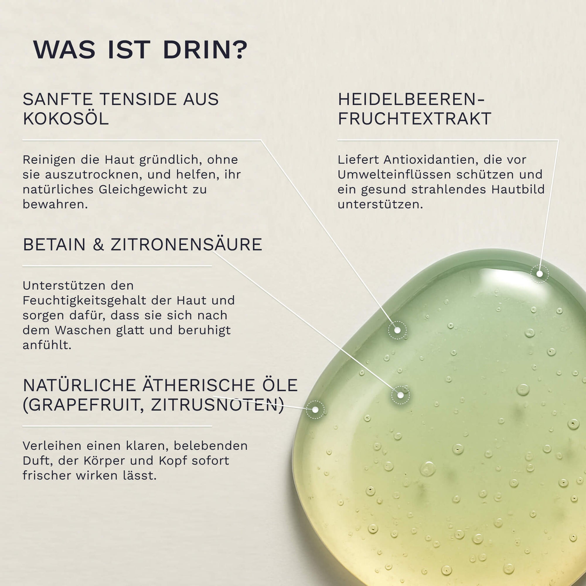 Eine tropfenförmige grünliche Gel Textur des Bergamond and Birch Hand and Body Wash Grapefruit wird gezeigt während Text sanfte Tenside aus Kokosöl Betain Zitronensäure Heidelbeerfruchtextrakt und natürliche ätherische Zitrusöle als reinigende schützende und feuchtigkeitserhaltende Inhaltsstoffe beschreibt.