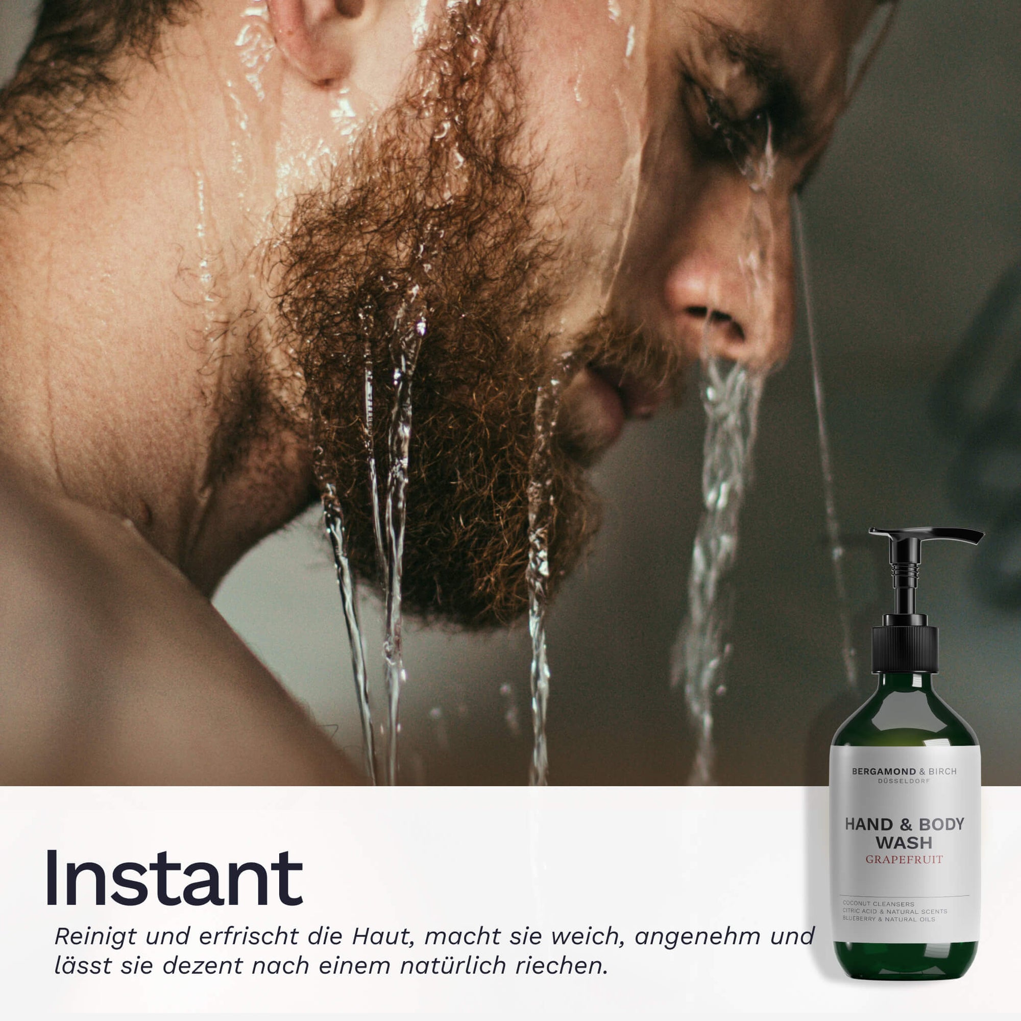 Mann unter der Dusche mit herablaufendem Wasser und Bergamond and Birch Element 54 Hand and Body Wash Grapefruit Flasche unten rechts mit Text zu sofort gereinigter erfrischter und weich wirkender Haut.