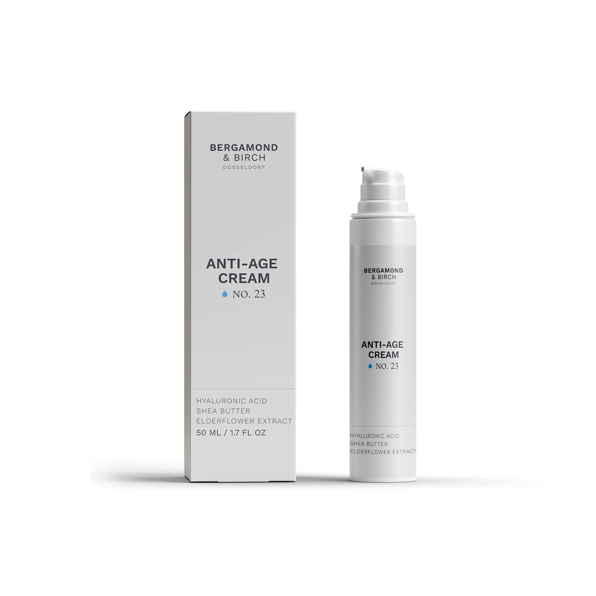 Freigestelltes Produktbild der Bergamond and Birch Hydrate 23 Anti Age Cream mit weißer Flasche und passender Faltschachtel auf hellem Hintergrund.