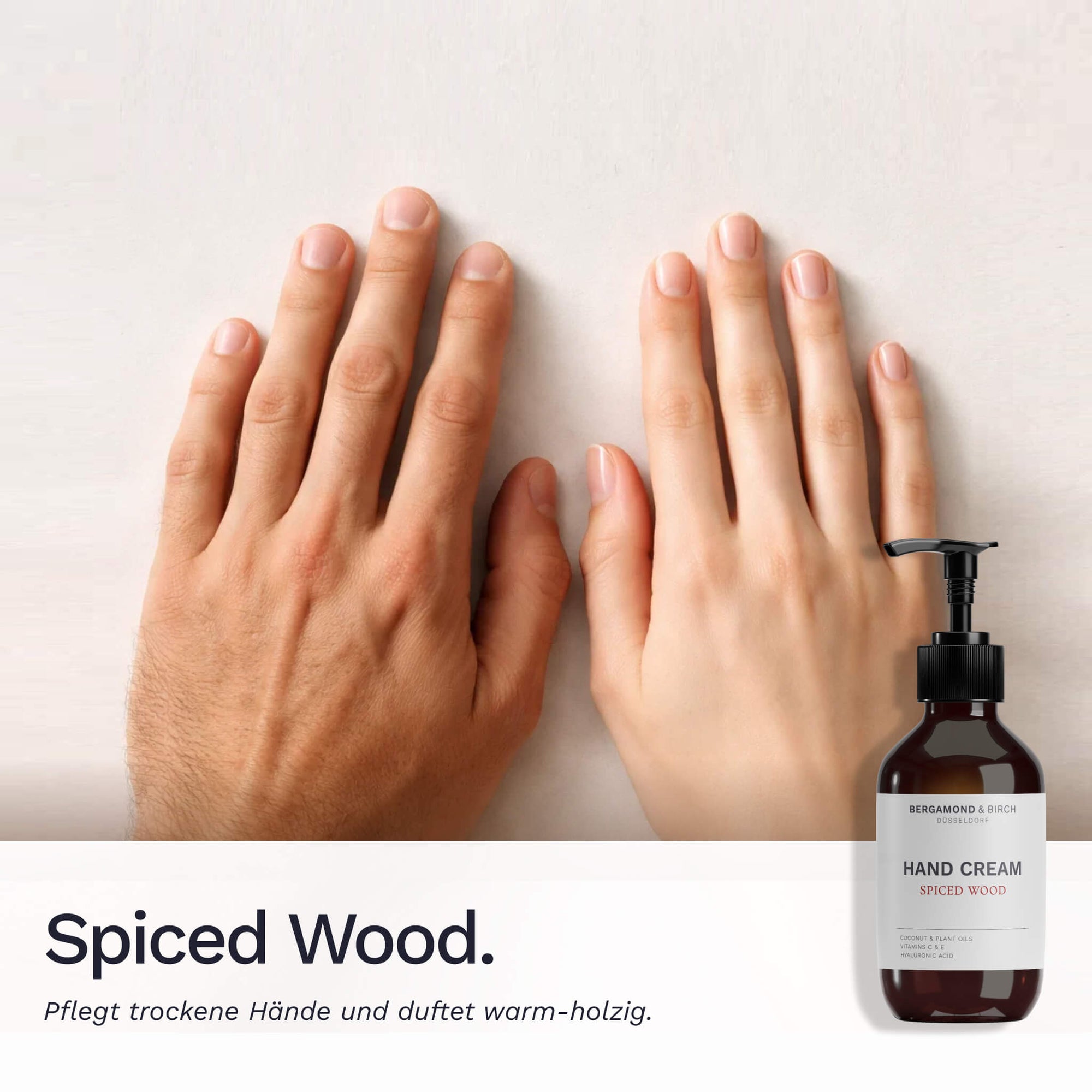 Bergamond & Birch Spiced Wood Hand Cream – pflegt trockene Hände mit Kokos- & Pflanzenölen, Hyaluronsäure sowie Vitamin C & E. Warm-holziger Duft für Männer und Frauen. Vegan, Düsseldorf.
