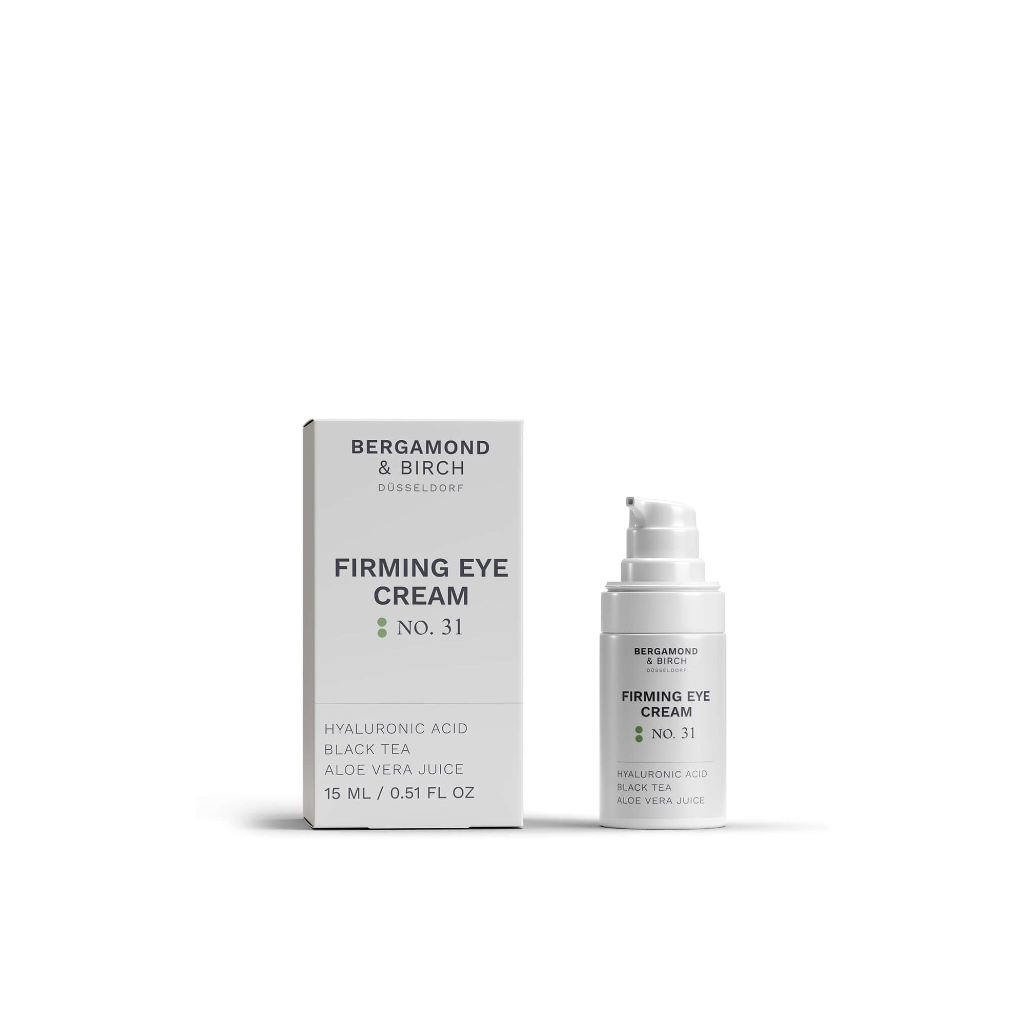 Die Bergamond and Birch Firming Eye Cream No 31 steht neben ihrer minimalistisch gestalteten Faltschachtel und präsentiert sich als moderne Augenpflege für Männer.