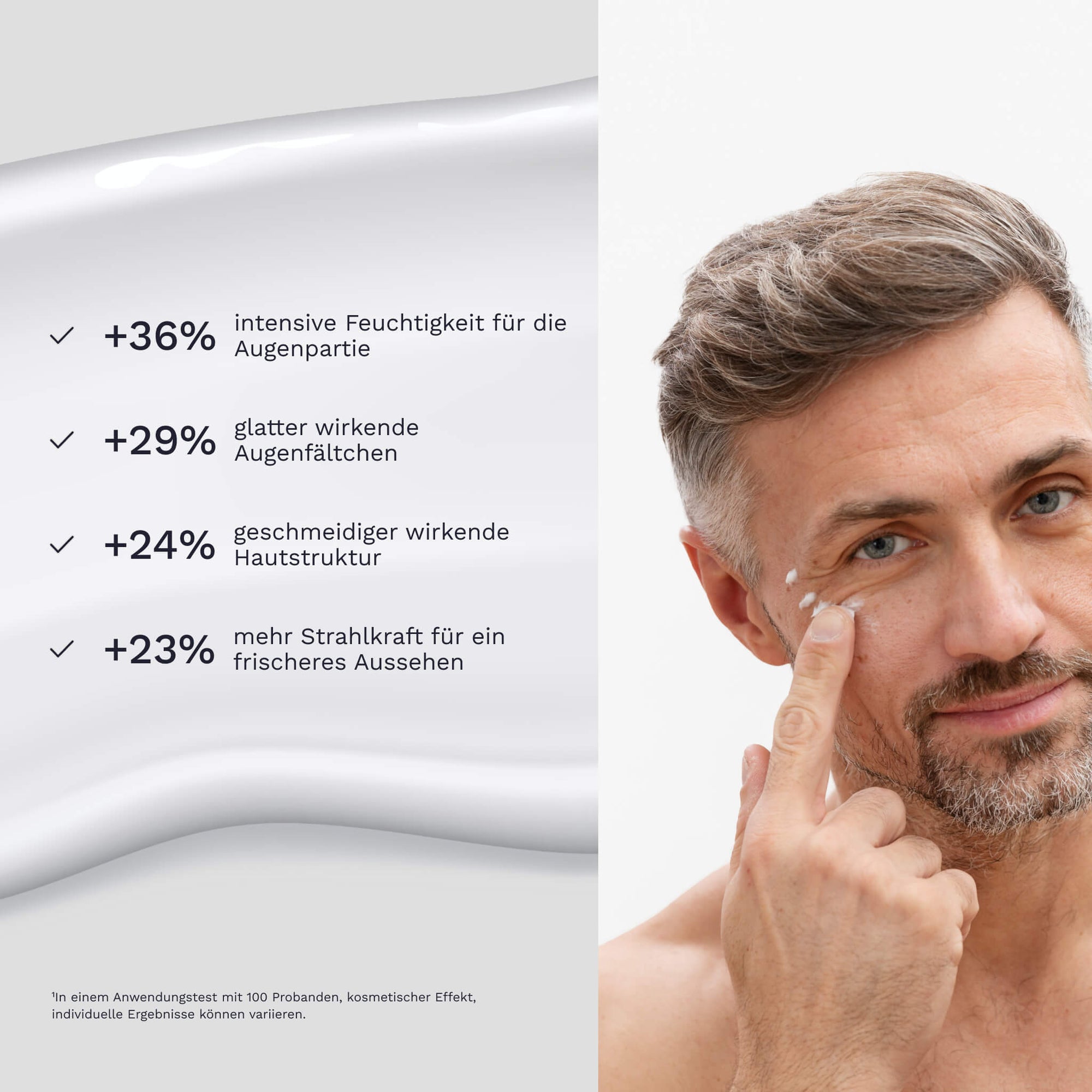 Neben dem Gesicht eines Mannes listet eine Grafik zur Bergamond and Birch Firming Eye Cream No 31 vier Punkte mit intensiver Feuchtigkeit glatter wirkenden Augenfältchen geschmeidiger wirkender Hautstruktur und mehr Strahlkraft für ein frischeres Aussehen auf.