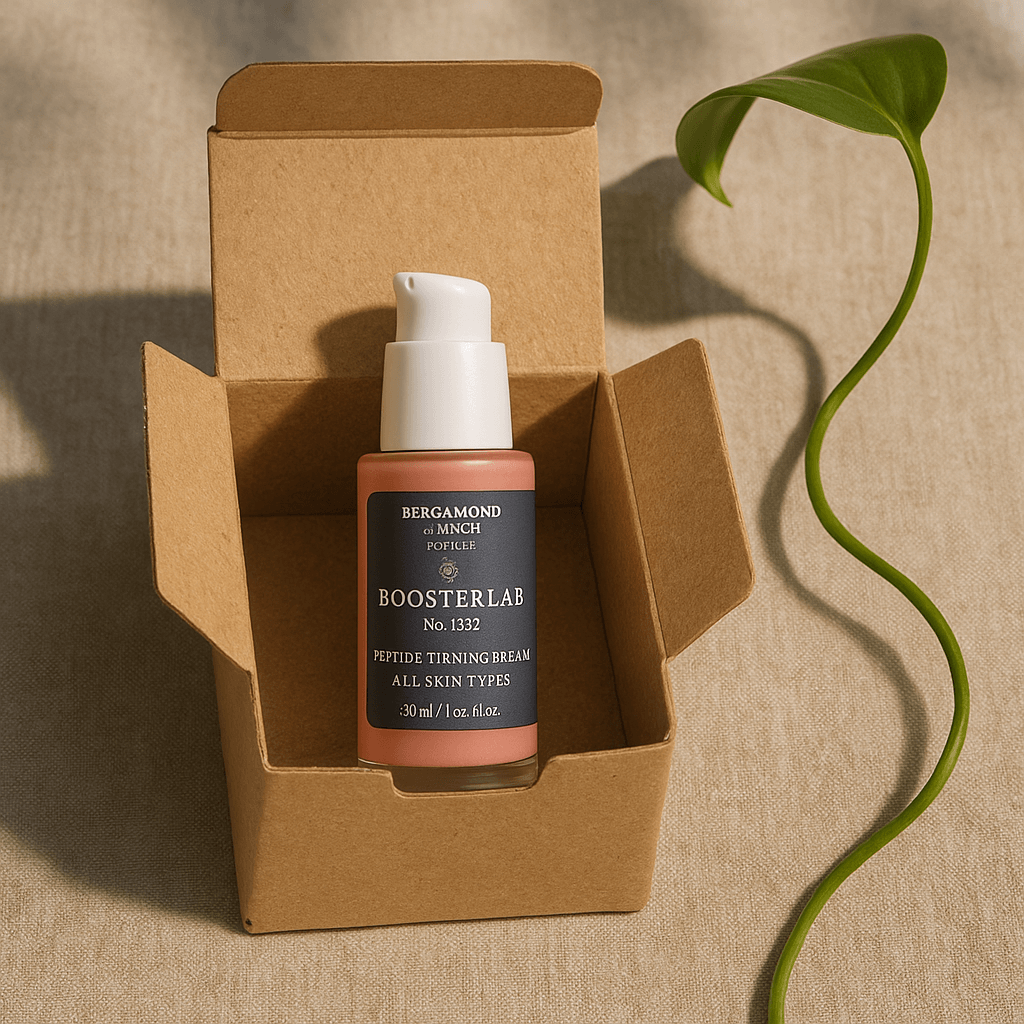 Glass skincare bottle in recycled cardboard box with natural lighting – recyclable eco-packaging at Bergamond & Birch.
