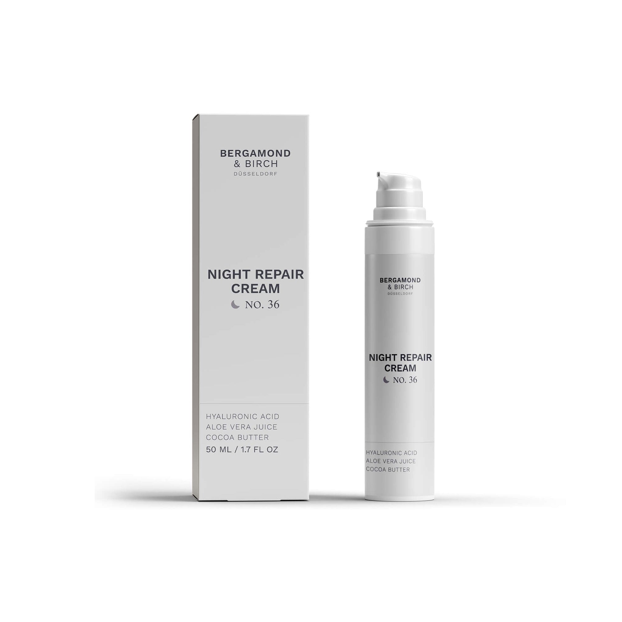 Die Bergamond and Birch Night Repair Cream No 36 steht in einem schlanken weißen Airless Spender neben ihrer minimalistisch gestalteten Faltschachtel und präsentiert sich als nächtliche Pflege für Männerhaut.