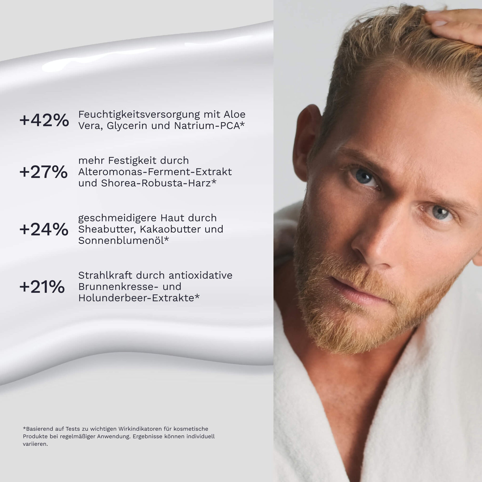 Neben dem Oberkörper eines Mannes listet eine Grafik zur Bergamond and Birch Night Repair Cream No 36 vier Vorteile mit intensiver Feuchtigkeitsversorgung mehr Festigkeit geschmeidigerer Haut und neuer Strahlkraft durch antioxidative Pflanzenextrakte auf.