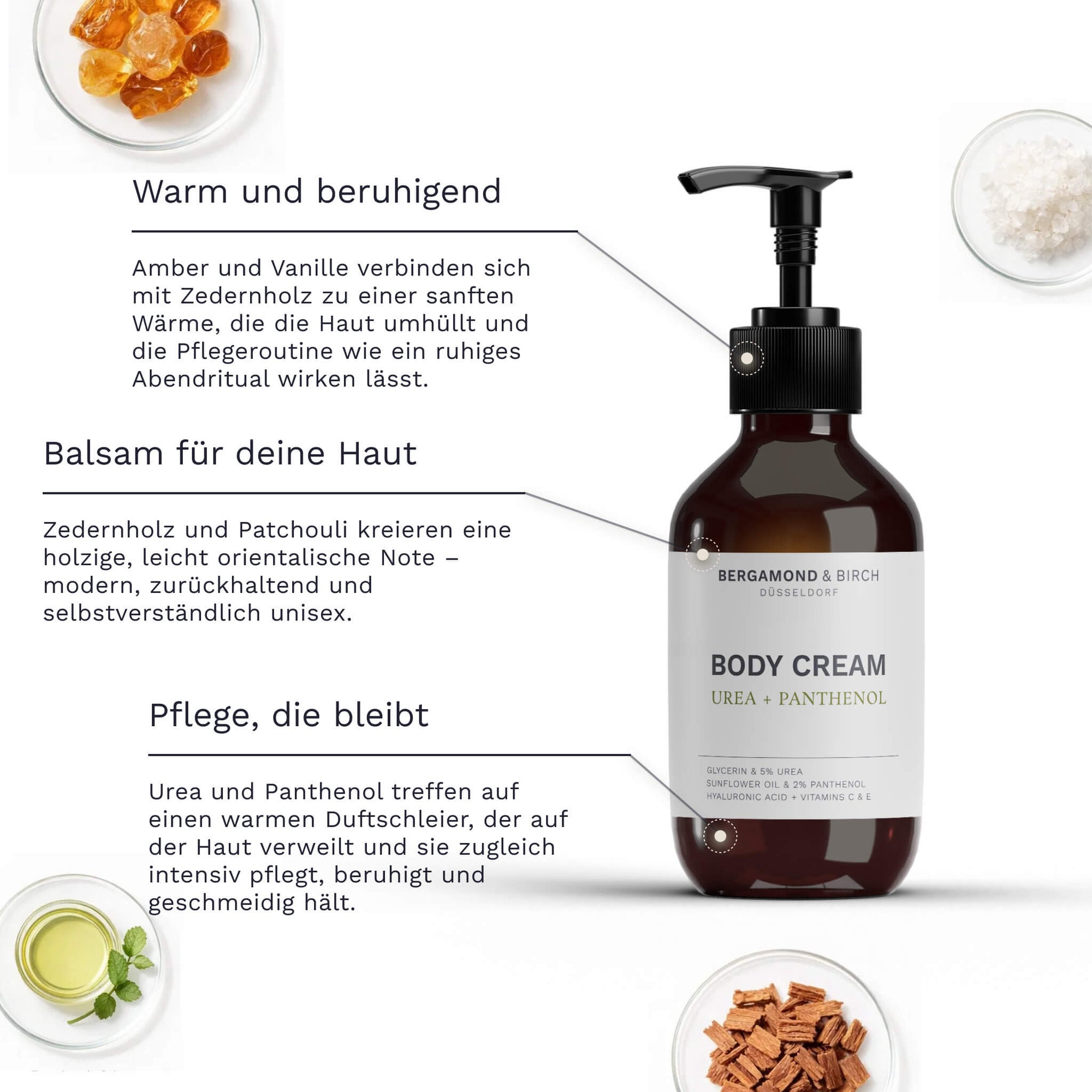 Die Flasche der Bergamond and Birch Body Cream Urea Panthenol steht neben Schalen mit Harz Öl und Holz während Texte die warme beruhigende Duftnote aus Amber Vanille und Zedernholz sowie die pflegende Wirkung von Urea und Panthenol beschreiben.