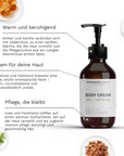 Die Flasche der Bergamond and Birch Body Cream Urea Panthenol steht neben Schalen mit Harz Öl und Holz während Texte die warme beruhigende Duftnote aus Amber Vanille und Zedernholz sowie die pflegende Wirkung von Urea und Panthenol beschreiben.