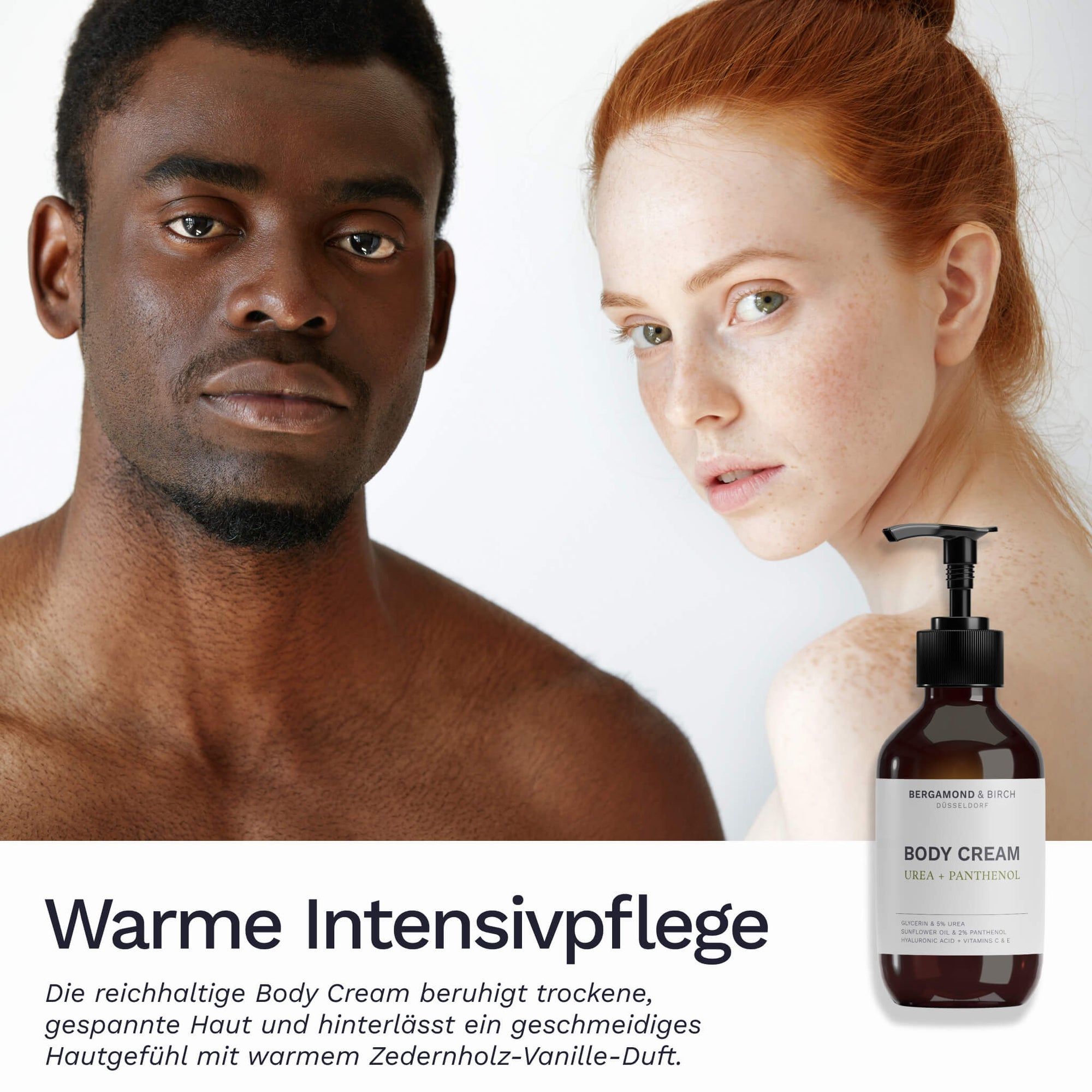 Ein Mann und eine Frau mit nackten Schultern werden vor hellem Hintergrund gezeigt während unten die Bergamond and Birch Body Cream Urea Panthenol eingeblendet ist und ein Text die beruhigende Pflege für trockene gespannte Haut mit warmem Zedernholz Vanille Duft hervorhebt.