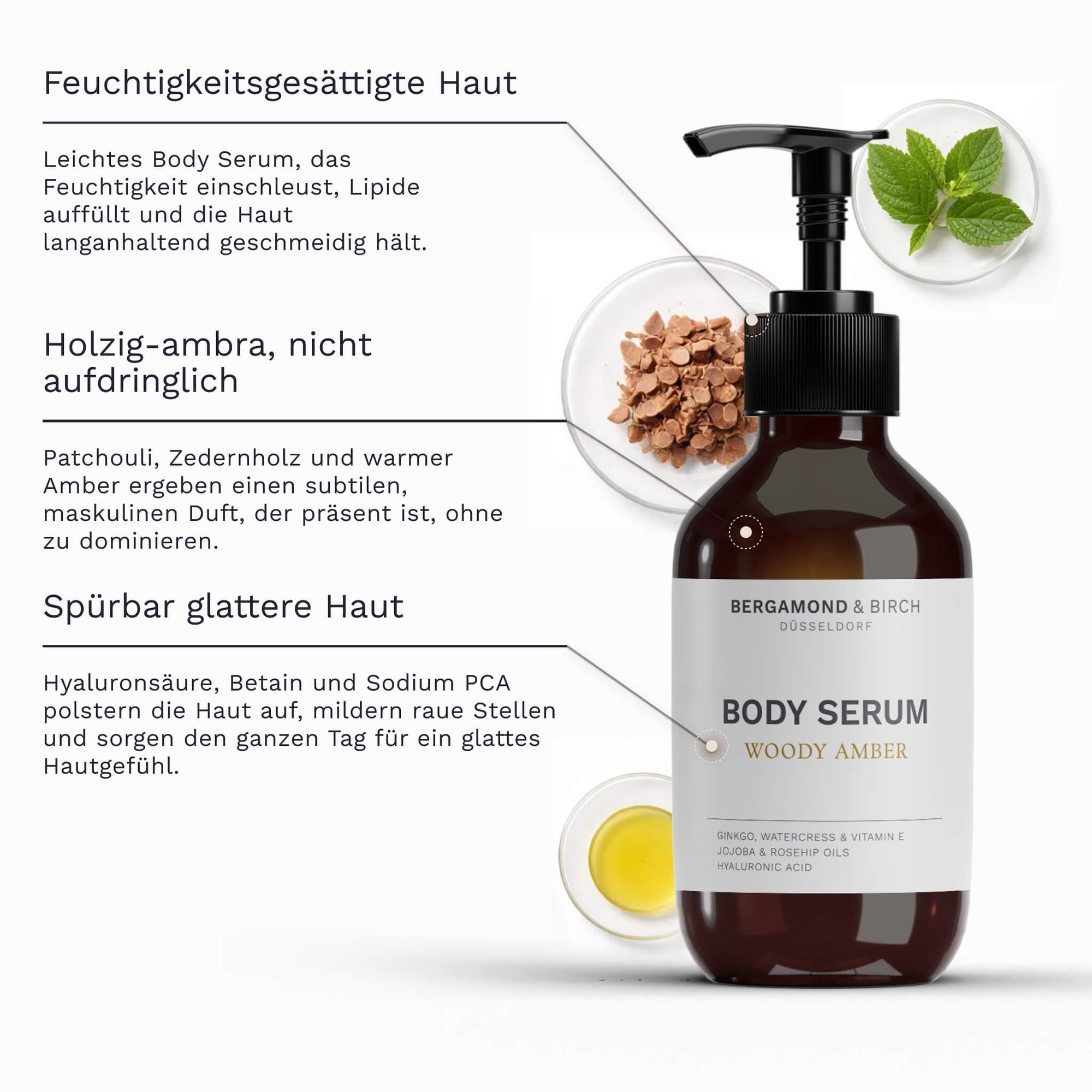  Die Flasche des Bergamond and Birch Body Serum Woody Amber wird von Texten begleitet die feuchtigkeitsgesättigte Haut einen dezenten holzig Amber Duft und spürbar glattere Haut durch Hyaluronsäure Betain und Sodium PCA beschreiben.

