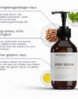  Die Flasche des Bergamond and Birch Body Serum Woody Amber wird von Texten begleitet die feuchtigkeitsgesättigte Haut einen dezenten holzig Amber Duft und spürbar glattere Haut durch Hyaluronsäure Betain und Sodium PCA beschreiben.

