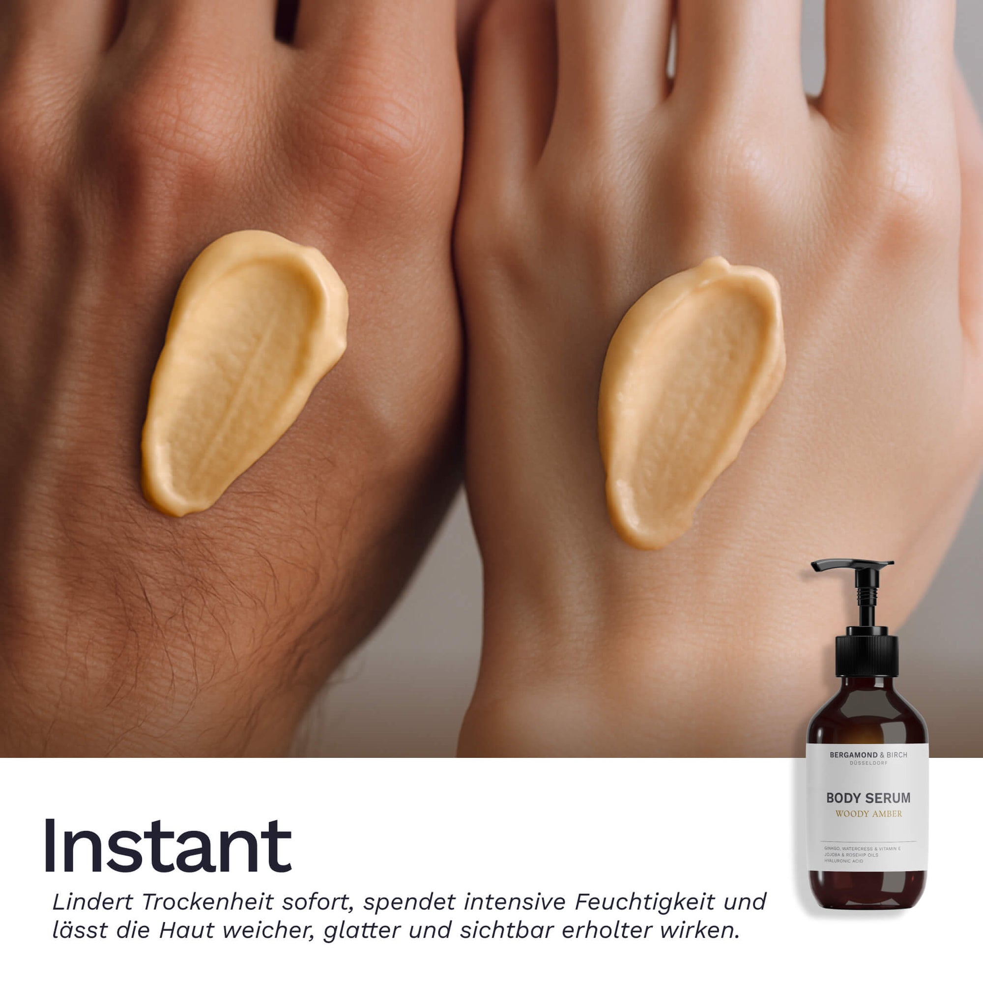 Zwei Hände nebeneinander mit aufgetragener cremiger Textur des Bergamond and Birch Vitalise 50 Body Serum Woody Amber und Flasche unten rechts, mit Claim zu sofortiger Linderung trockener Haut.
