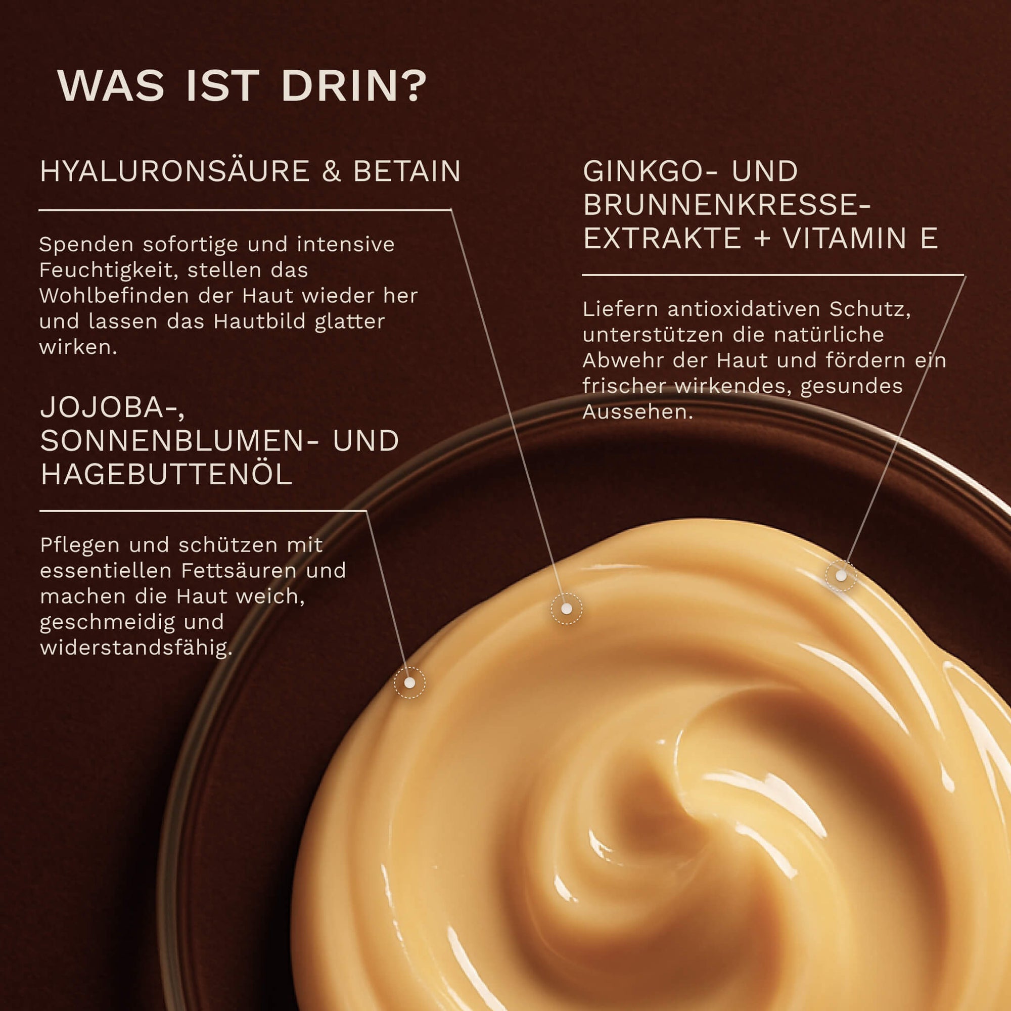 Eine cremige bernsteinfarbene Textur der Bergamond and Birch Hand Cream Spiced Wood liegt in einer Schale während Text Hyaluronsäure Betain Jojoba Sonnenblumen und Hagebuttenöl sowie Ginkgo Brunnenkresseextrakt und Vitamin E als feuchtigkeitsspendende schützende und pflegende Inhaltsstoffe beschreibt.
