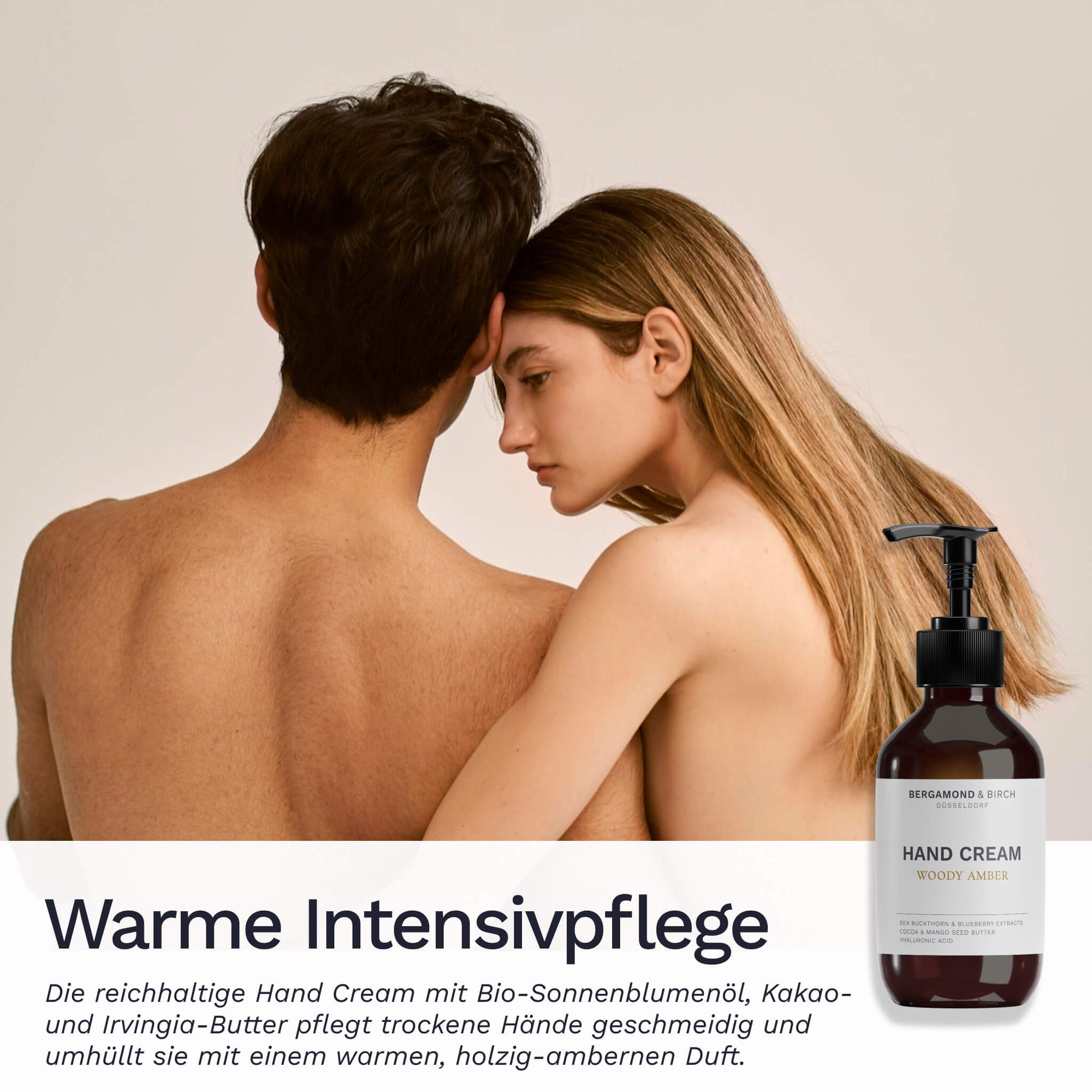 Warme Intensivpflege mit Bergamond & Birch Hand Cream Woody Amber, reichhaltige Handcreme mit Bio-Sonnenblumenöl, Kakao- und Irvingia-Butter für trockene Hände und holzig-ambernen Duft.