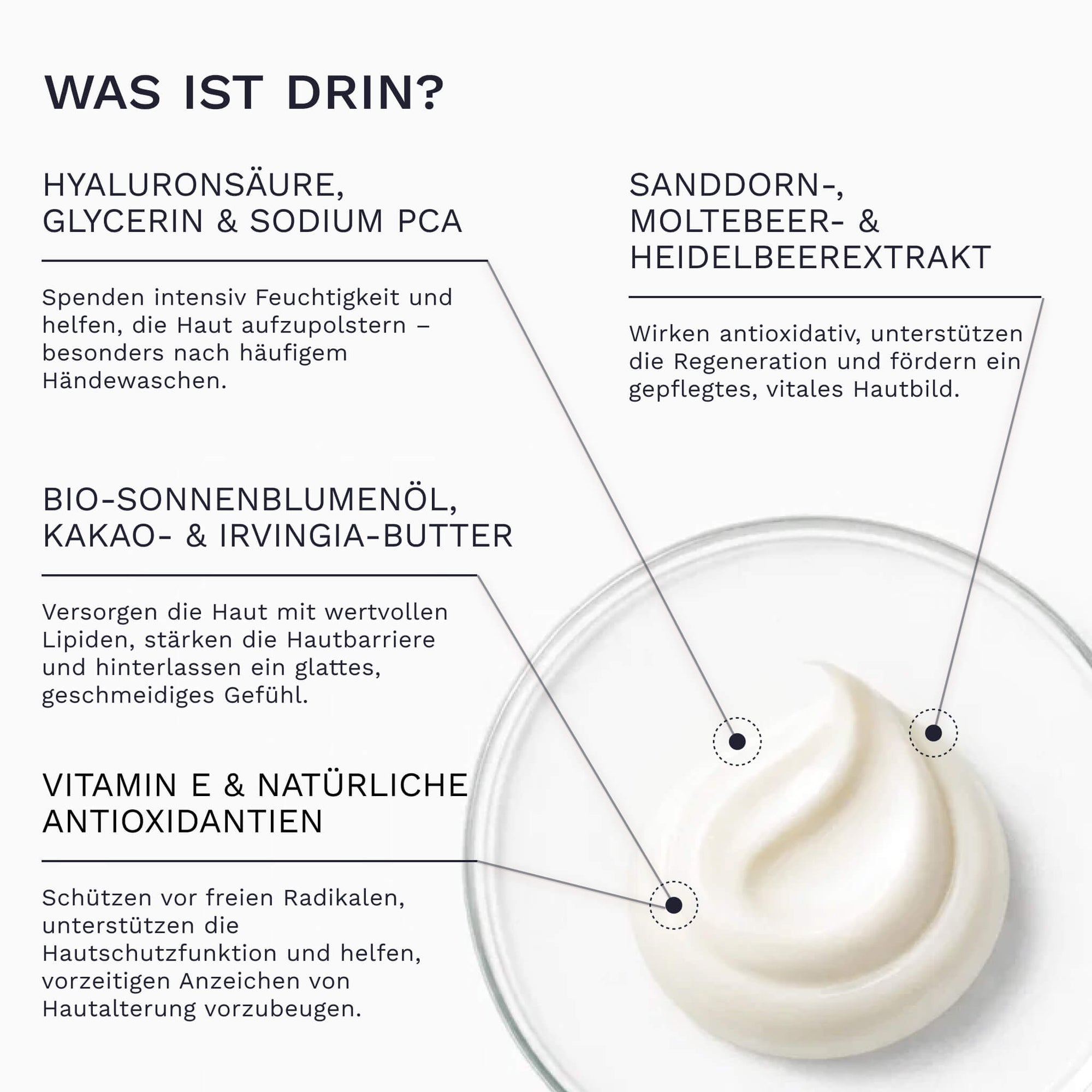 Handcreme Bergamond &amp; Birch Woody Amber mit Hyaluronsäure, Glycerin, nordischen Beerenextrakten und Pflanzenölen, visualisierte Vorteile für trockene Hände.