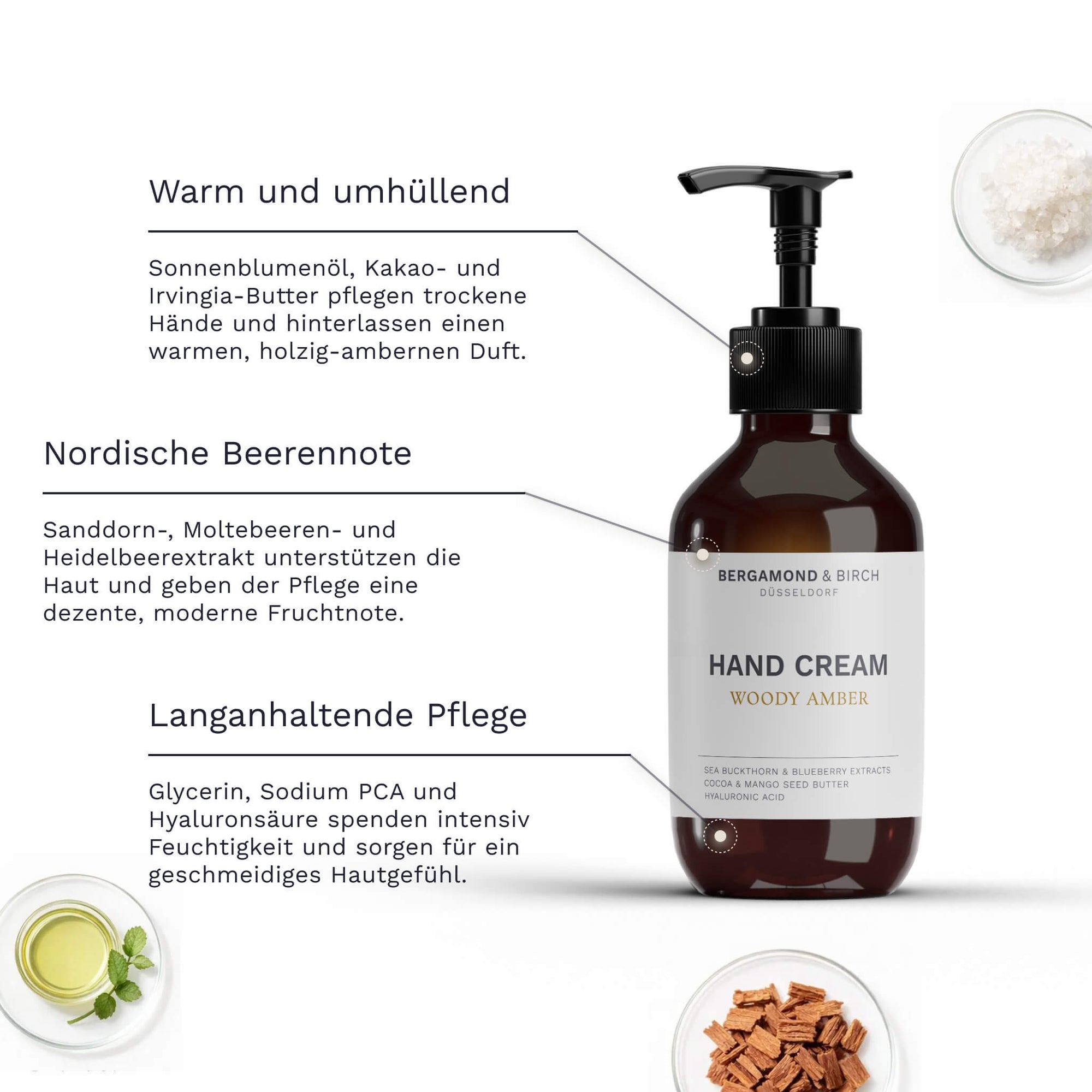 Inhaltsstoffe der Bergamond &amp; Birch Hand Cream Woody Amber mit Hyaluronsäure, Glycerin, Sodium PCA, Sonnenblumenöl, Kakao- und Irvingia-Butter sowie Sanddorn-, Moltebeer- und Heidelbeerextrakt.Inhaltsstoffe der Bergamond &amp; Birch Hand Cream Woody Amber mit Hyaluronsäure, Glycerin, Sodium PCA, Sonnenblumenöl, Kakao- und Irvingia-Butter sowie Sanddorn-, Moltebeer- und Heidelbeerextrakt.