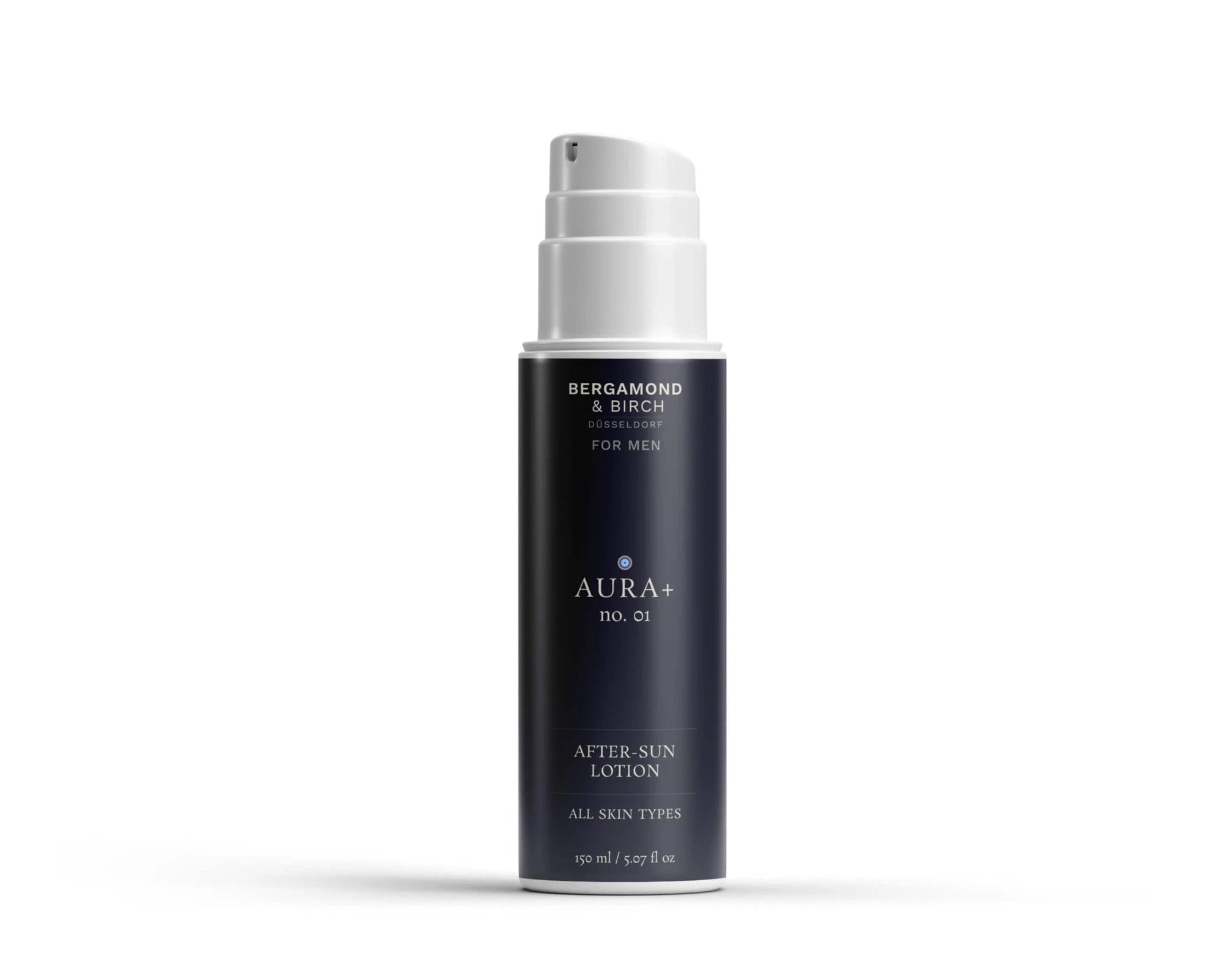 Product image of Bergamond & Birch Aura+ No. 01 – a premium after-sun lotion designed for men. Shown in a sleek, minimalist 150ml pump bottle with navy blue branding.