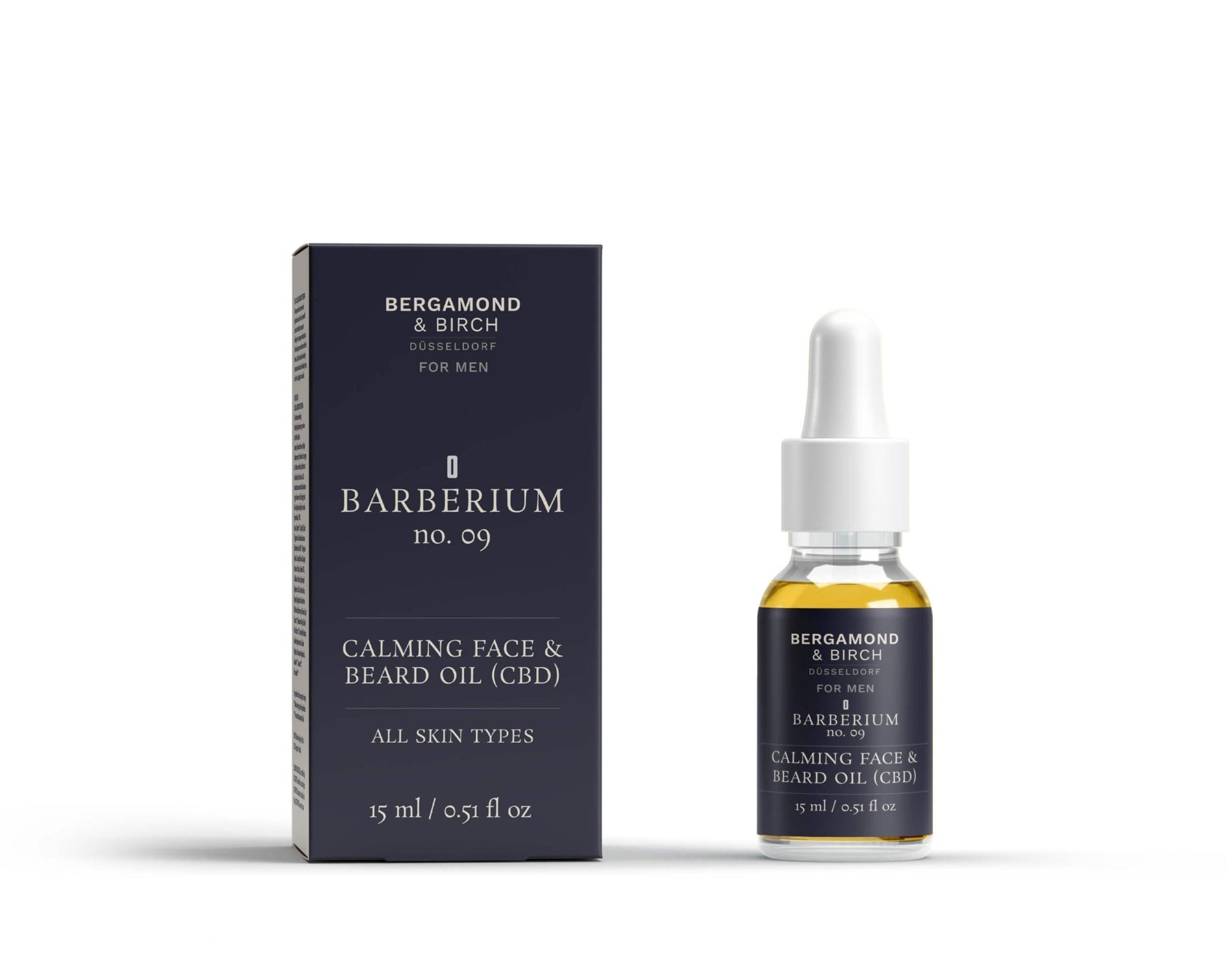 Premium face and beard oil with CBD, presented in a glass dropper bottle alongside branded outer packaging – Bergamond & Birch Barberium No. 09, 15ml.