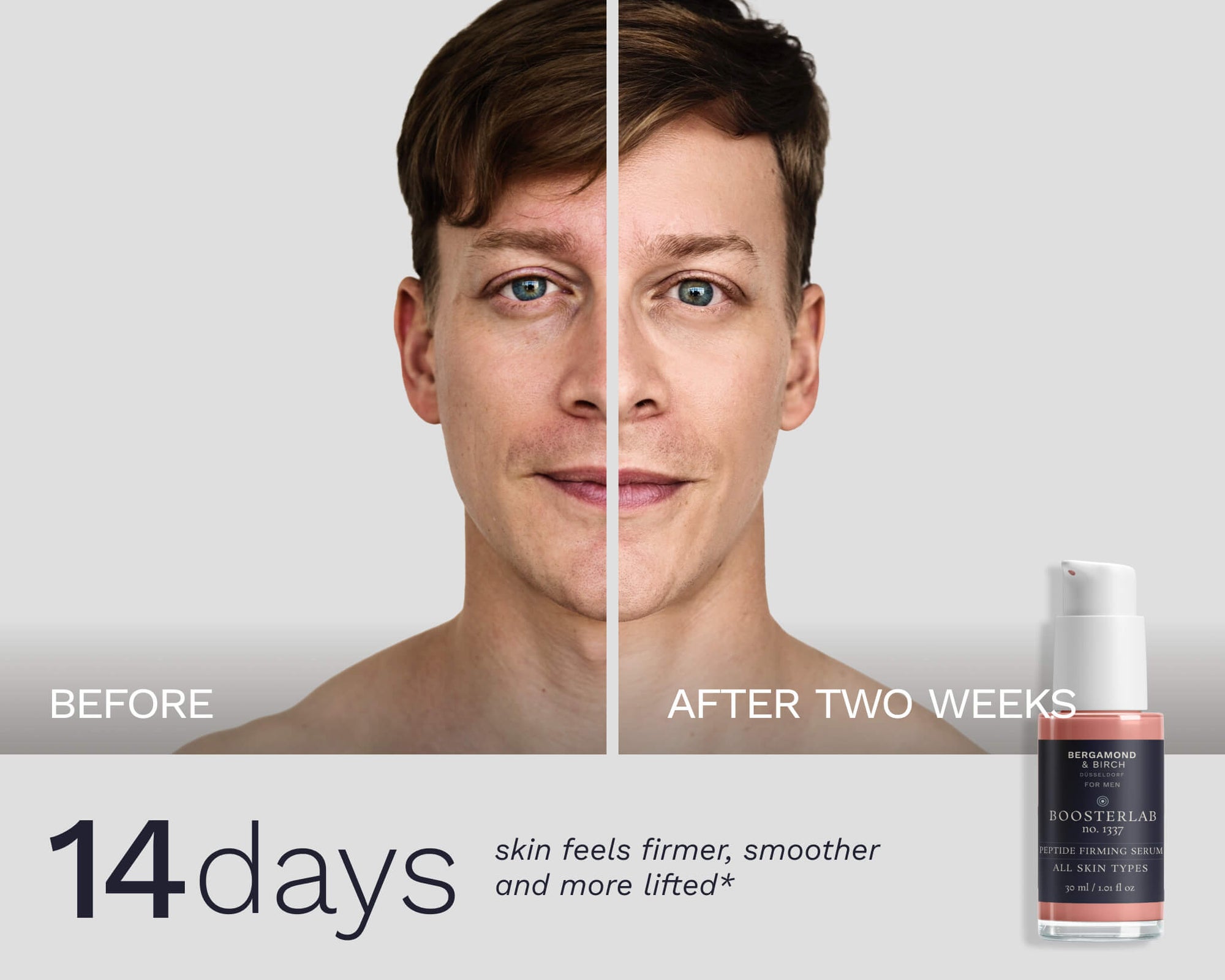 Split-face comparison of a man before and after 14 days using Bergamond & Birch BoosterLab Peptide Firming Serum, showing visibly firmer, smoother, and lifted skin.