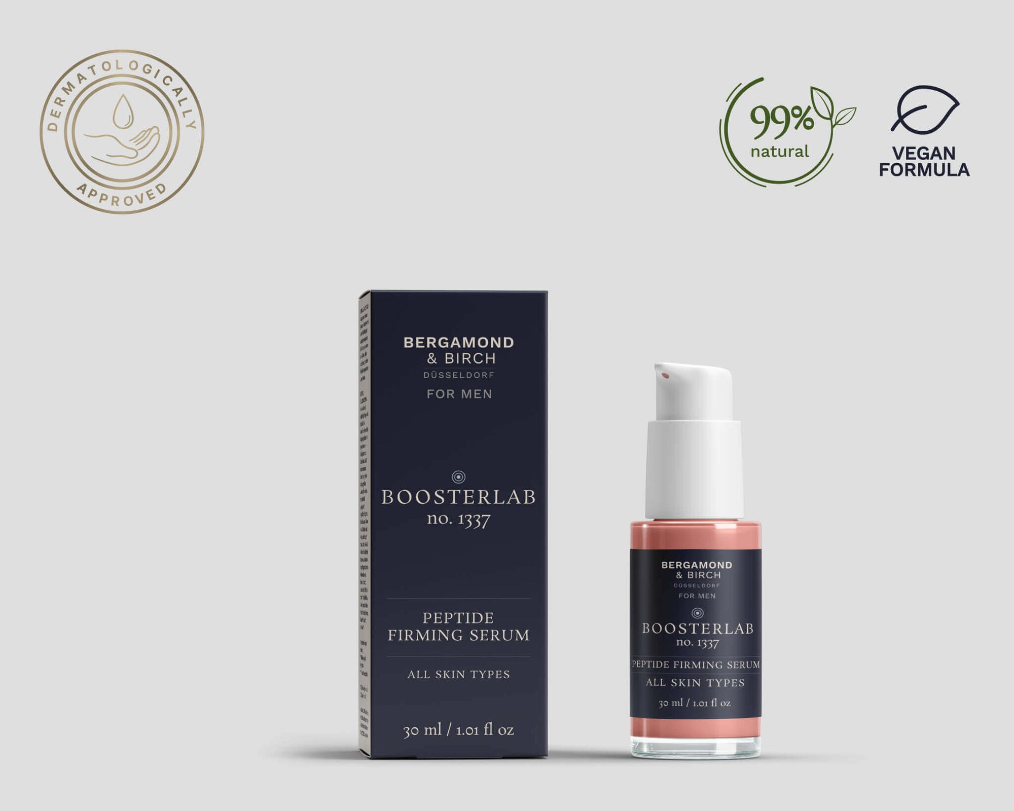 Product and box shot of Bergamond & Birch BoosterLab No. 1337 Peptide Firming Serum for men, highlighting dermatologically approved, 99% natural, and vegan formula.