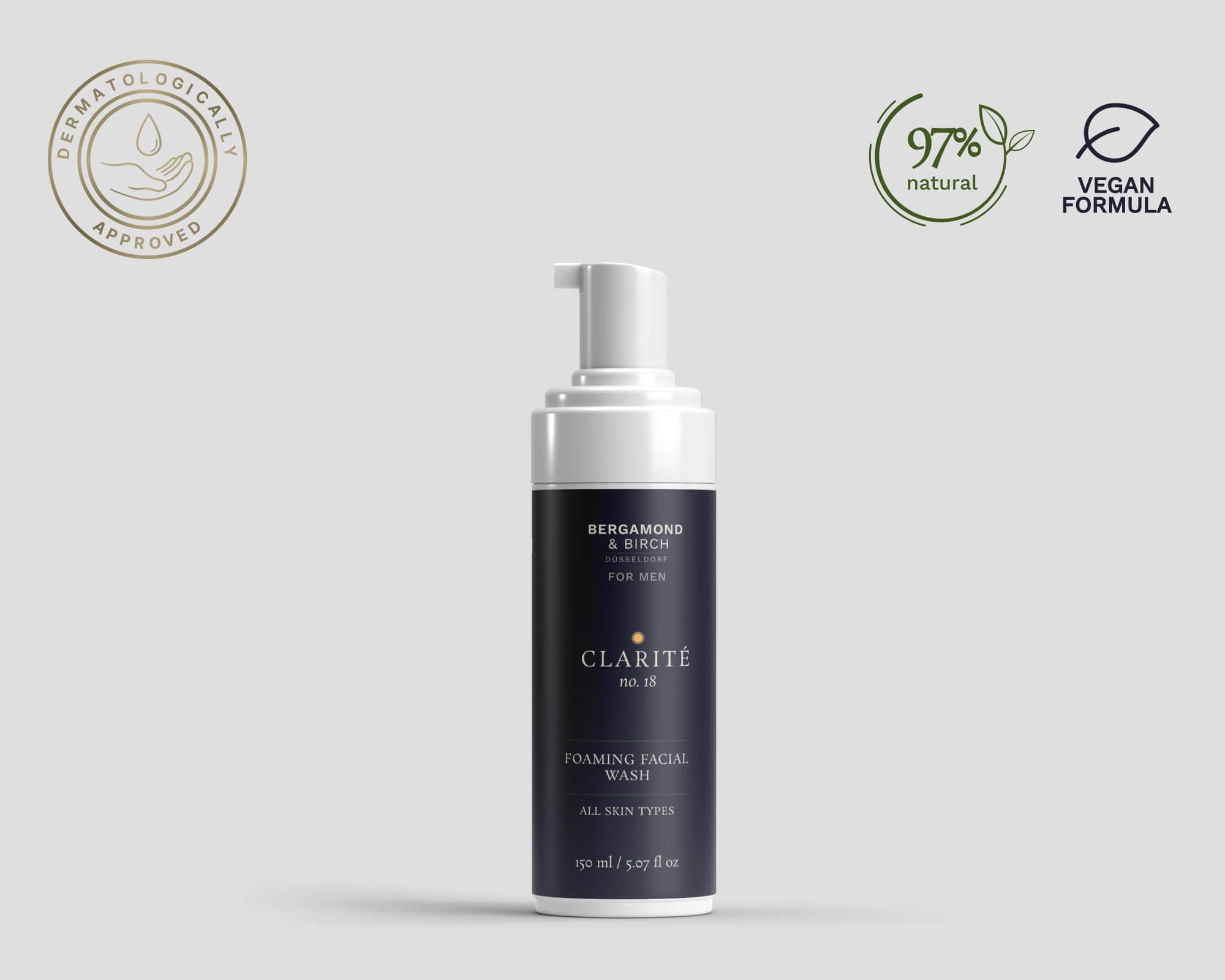Minimalist product and box shot of Bergamond & Birch Clarité No. 18 Foaming Facial Wash, dermatologically approved, 97% natural, and vegan formula.