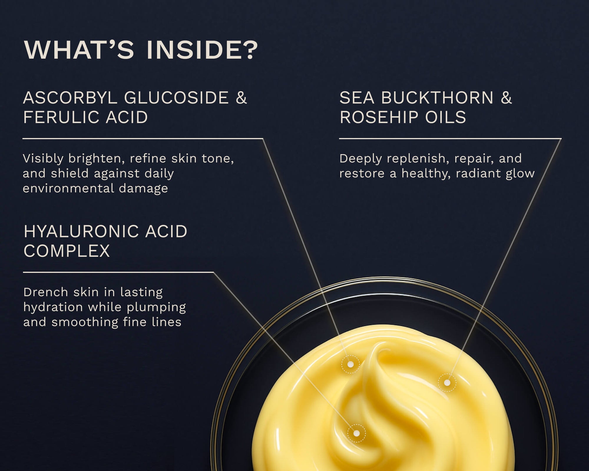 Graphic showing ingredients of Clarité No. 19 Serum: ascorbyl glucoside, ferulic acid, hyaluronic acid, sea buckthorn &amp; rosehip oils.