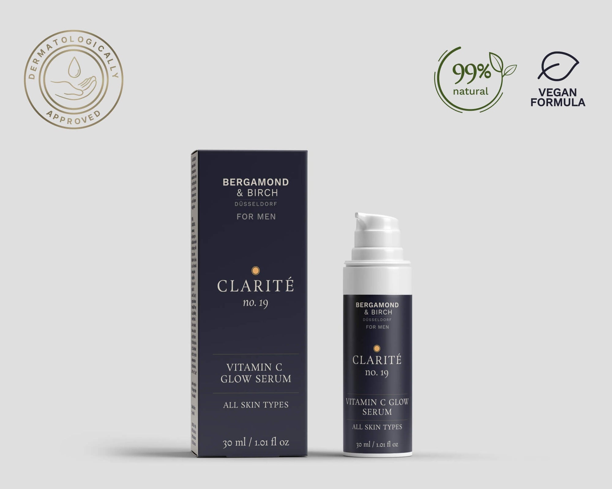 Product and box shot of Bergamond & Birch Clarité No. 19 Vitamin C Glow Serum, 99% natural vegan formula, dermatologically approved.