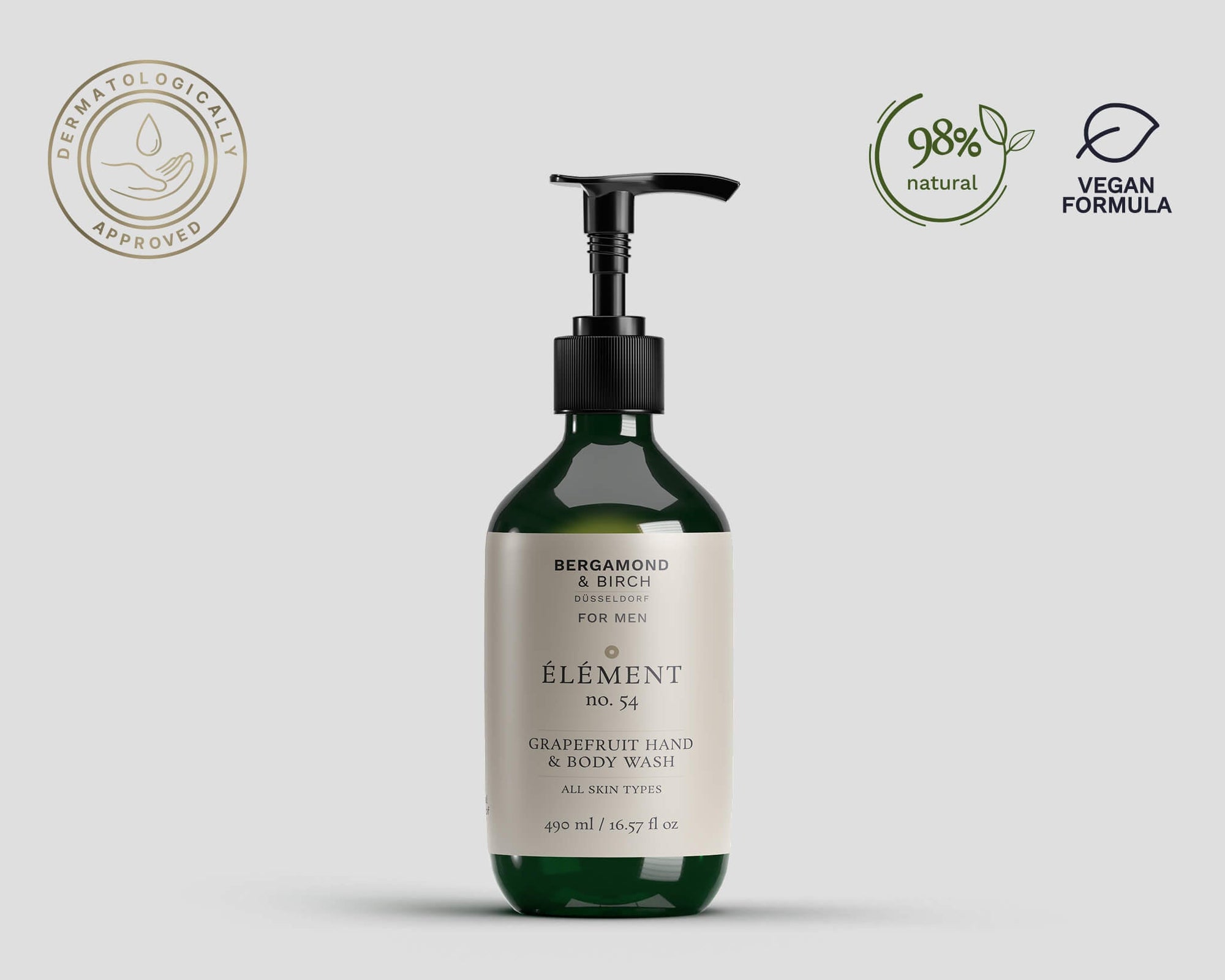 Natural vegan men’s body wash with 98% natural ingredients, dermatologically tested, with invigorating grapefruit fragrance and antioxidant protection.