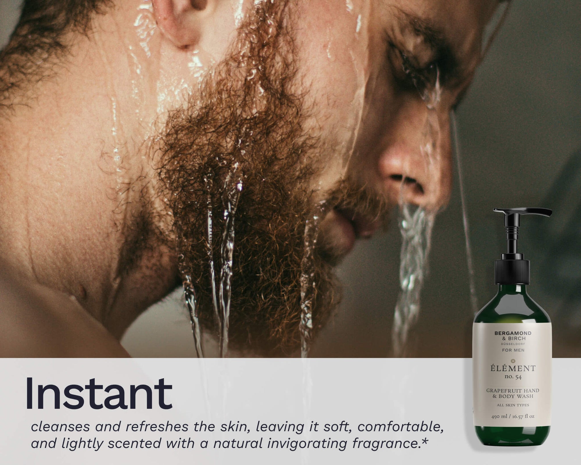 Close-up of refreshing effect on men’s skin after cleansing with Bergamond & Birch grapefruit body wash, leaving skin smooth, soft, and lightly scented with citrus notes.