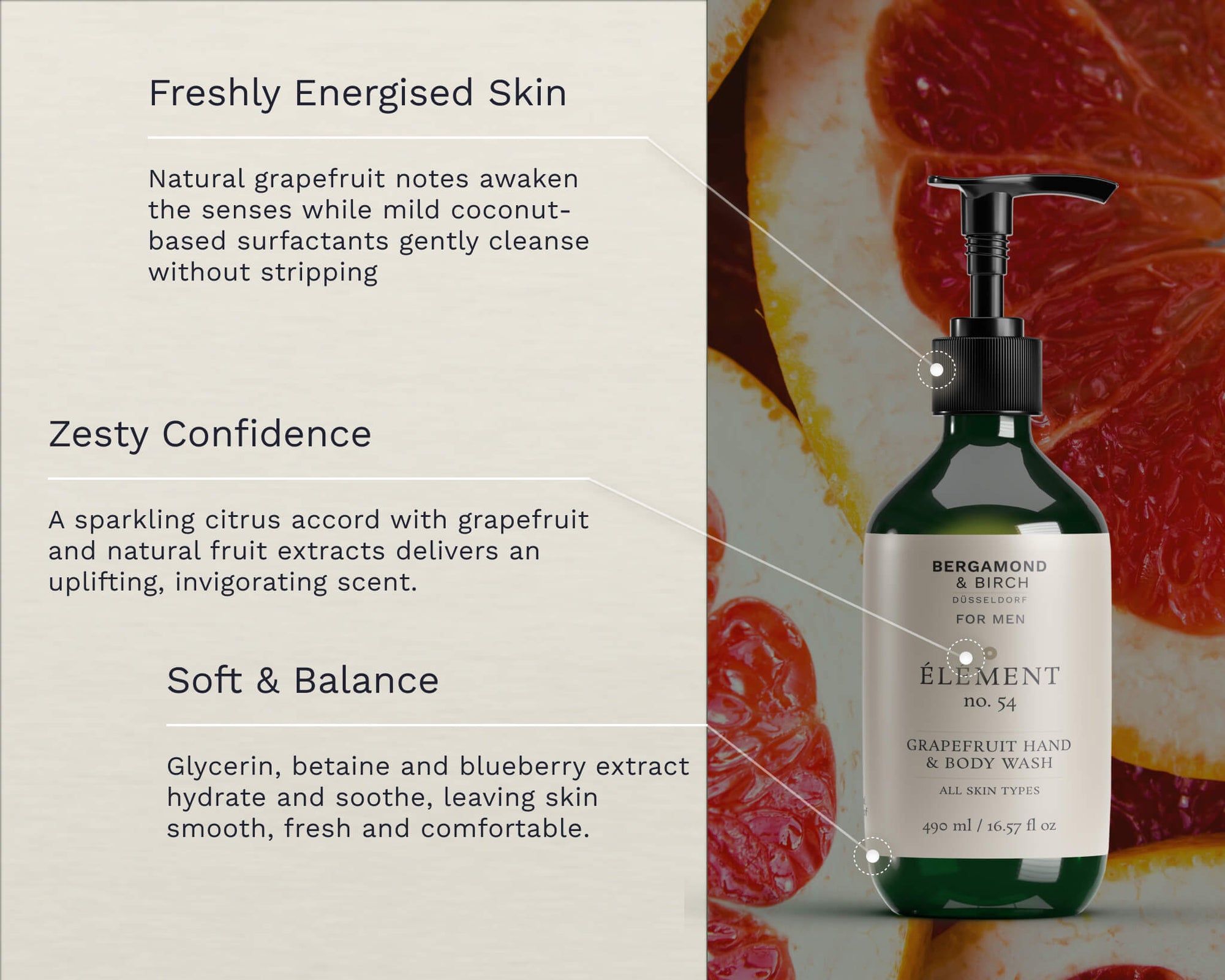 Infographic highlighting natural ingredients of Bergamond &amp; Birch hand and body wash, including coconut cleansers, blueberry extract, betaine, citric acid, and essential citrus oils