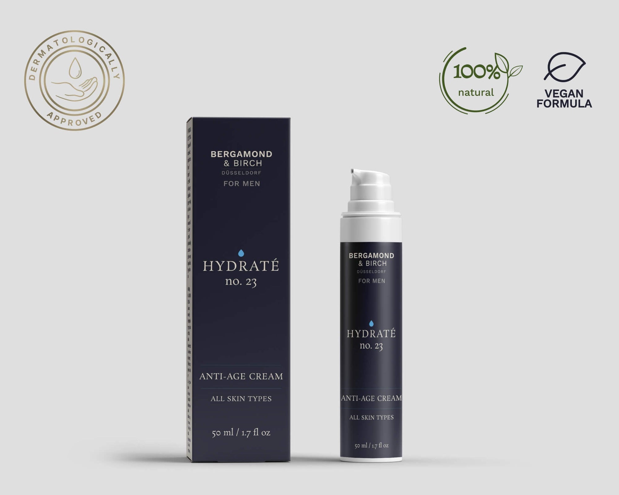 Product image of Hydrate No. 23 Anti-Age Cream showing bottle and packaging with vegan formula, 100% natural, and dermatologically approved icons.