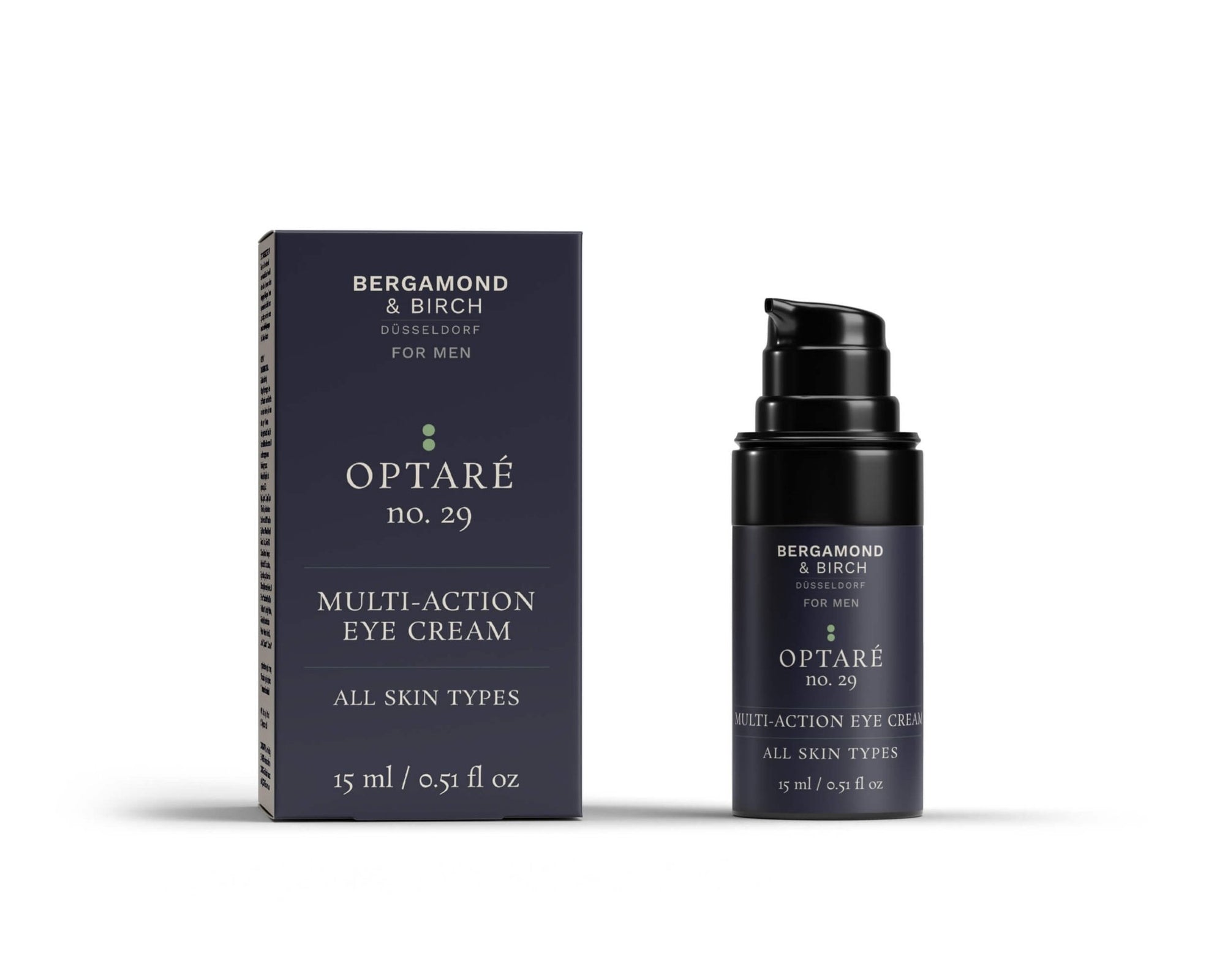 A dark navy bottle and box labeled “OPTARÉ No. 29 – Multi-Action Eye Cream for Men” by Bergamond & Birch. Sleek, minimalist design for premium skincare. Designed for all skin types, displayed on a white background.
