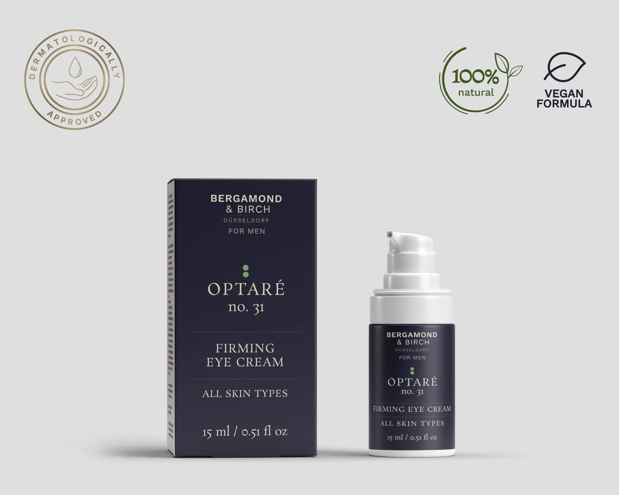 Minimalist product and packaging shot of Bergamond & Birch Optaré No. 31 Firming Eye Cream, dermatologically approved, vegan, and 100% natural formula.