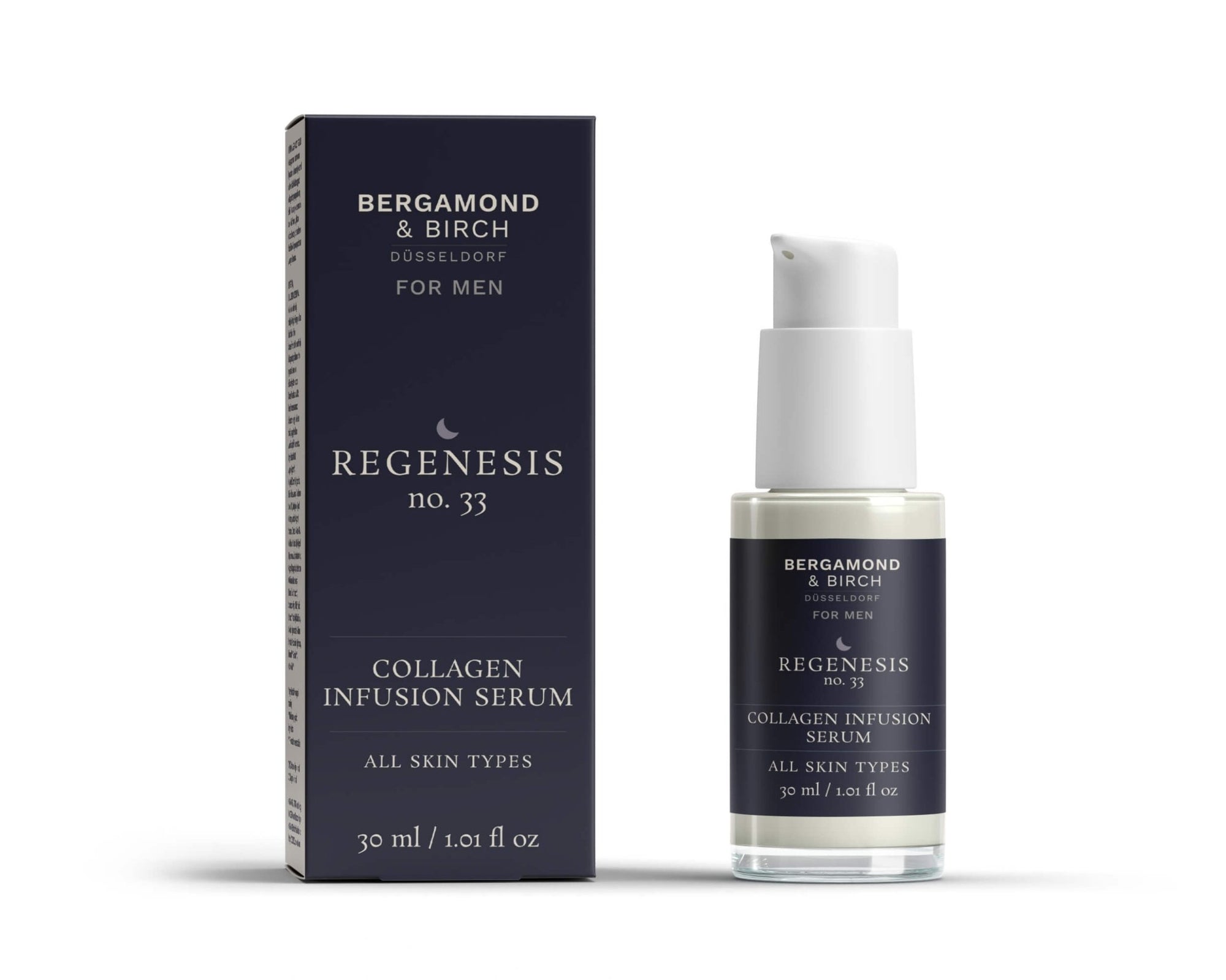 Luxuriöses Männer-Serum von Bergamond & Birch – REGENESIS No. 33 Collagen Infusion Serum in navyblauer Verpackung, 30 ml, geeignet für alle Hauttypen.
